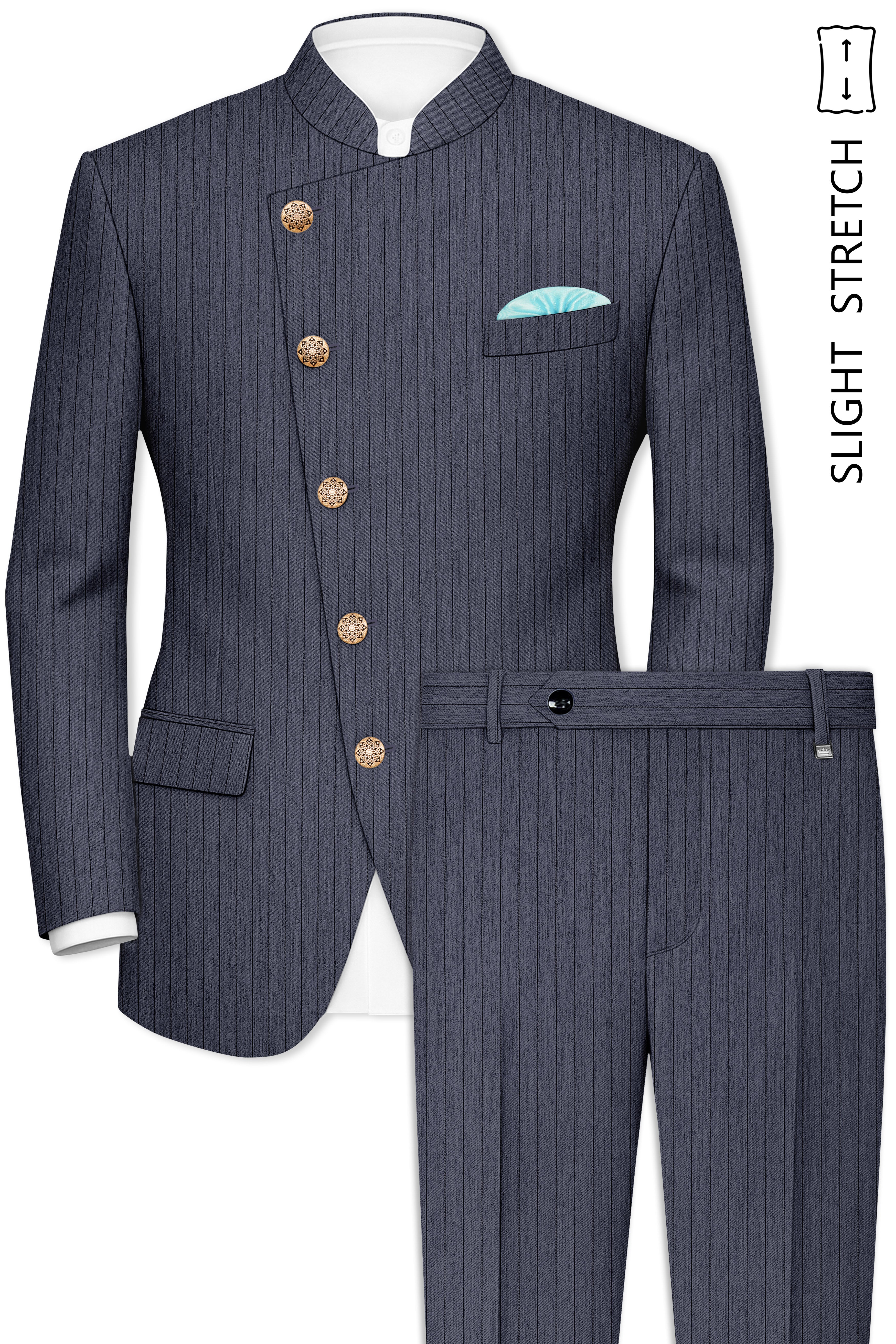 Azurion-Ninja Blue Pin Striped Wool Rich Cross Placket Bandhgala Slight Stretch Suit