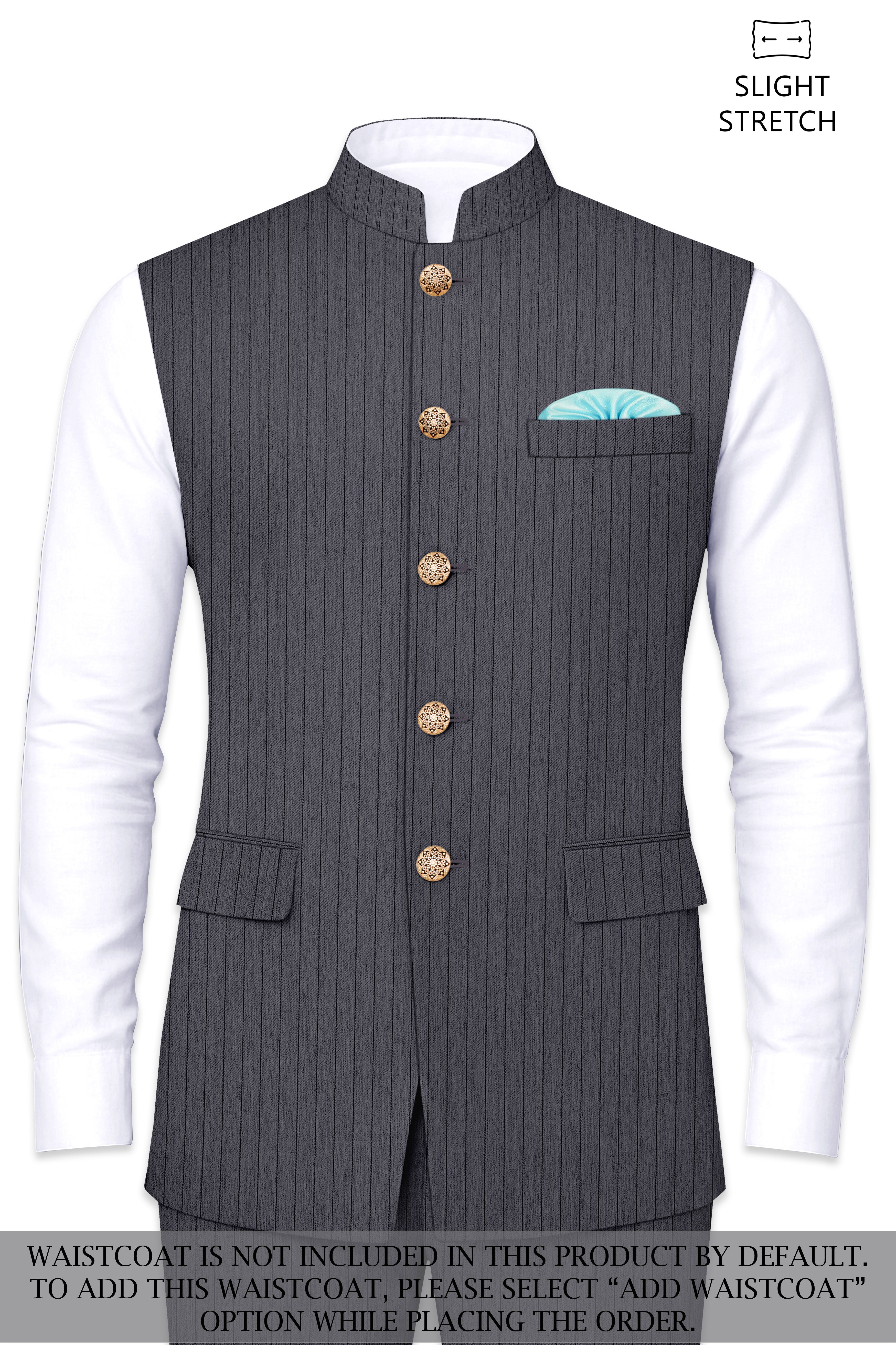 Noctaro-Vampire Gray Pin Striped Wool Rich Cross Placket Bandhgala Slight Stretch Suit