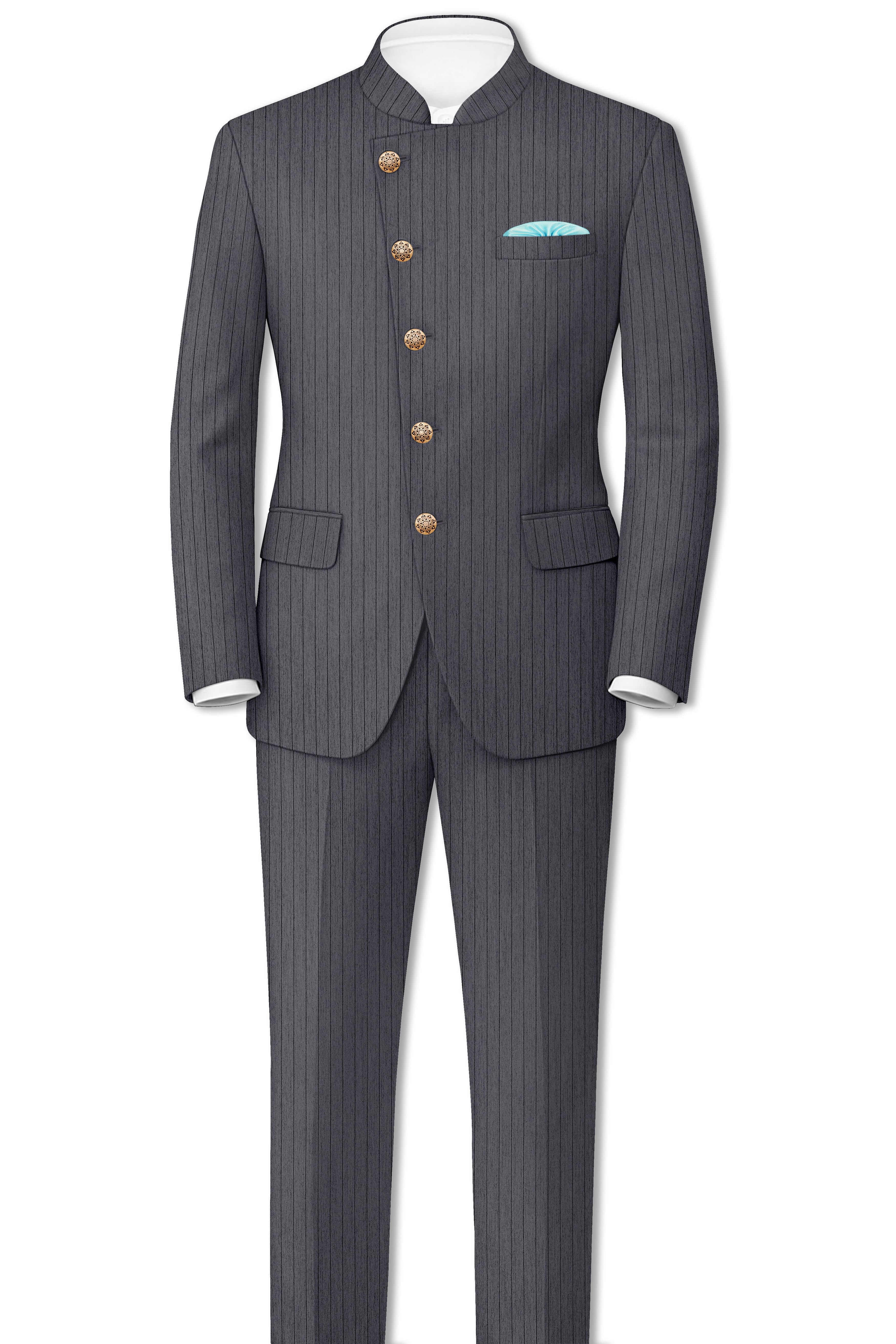 Noctaro-Vampire Gray Pin Striped Wool Rich Cross Placket Bandhgala Slight Stretch Suit