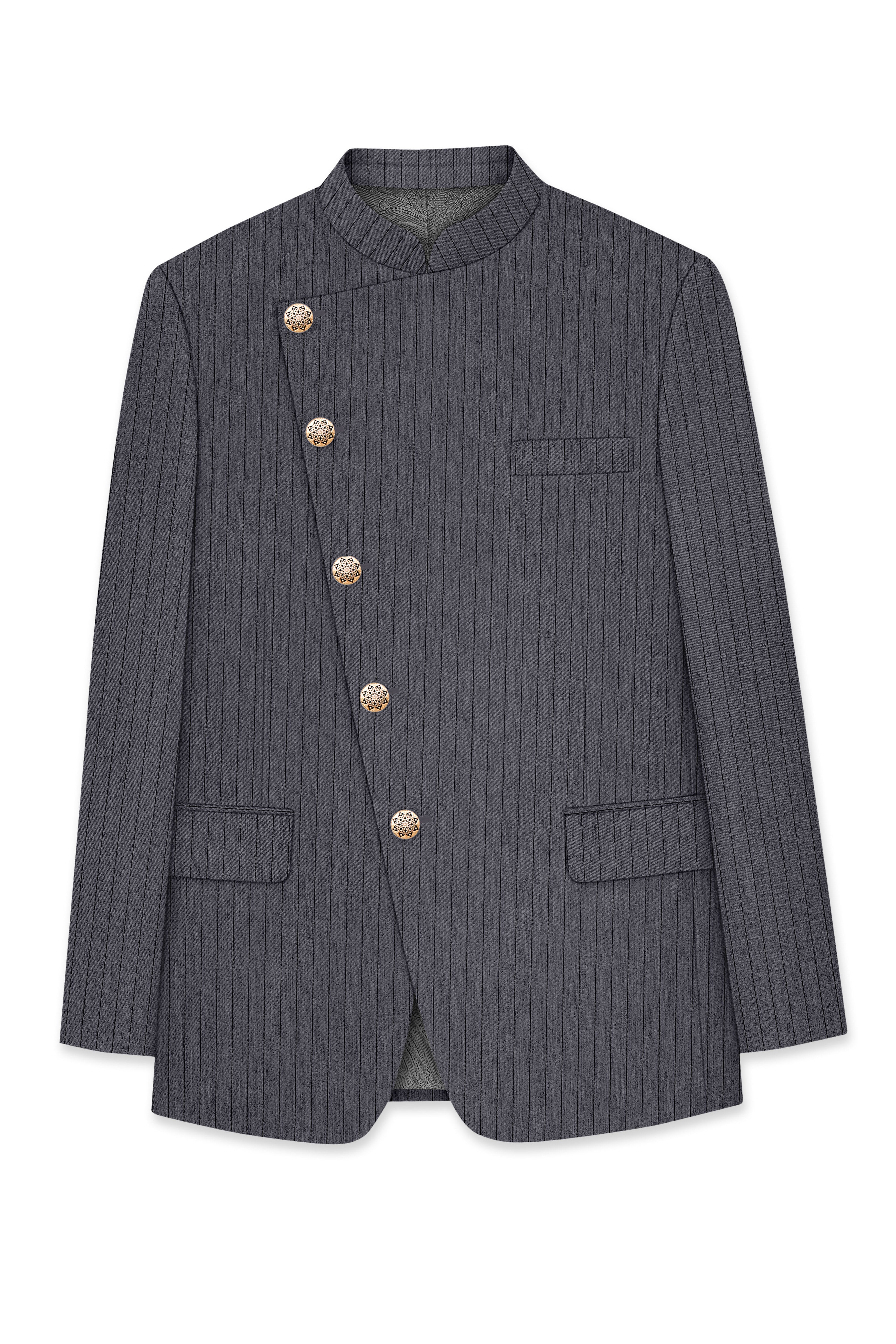 Noctaro-Vampire Gray Pin Striped Wool Rich Cross Placket Bandhgala Slight Stretch Suit