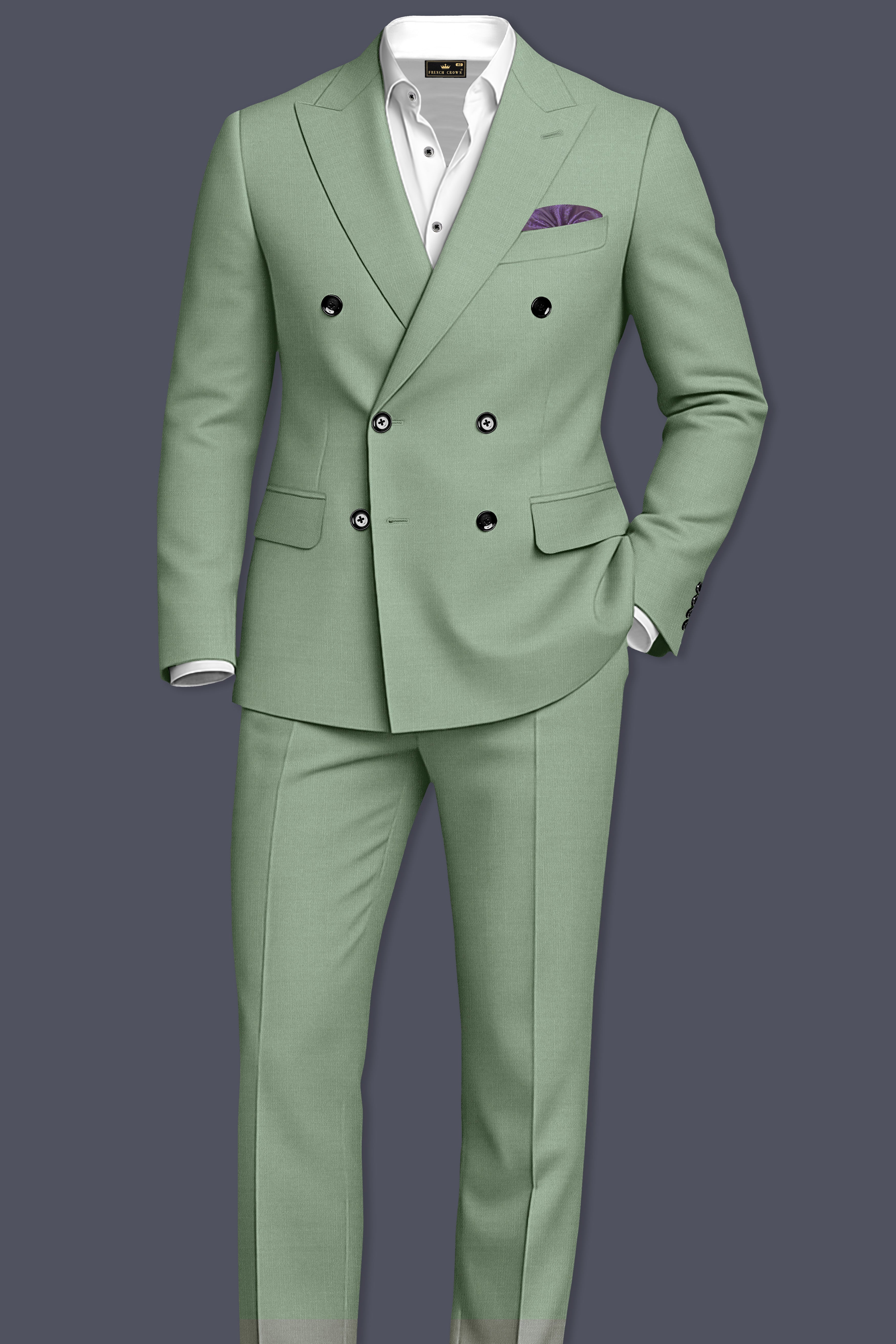 Basil-Spanish Green Wool Rich Slight Stretch Double Breasted Suit