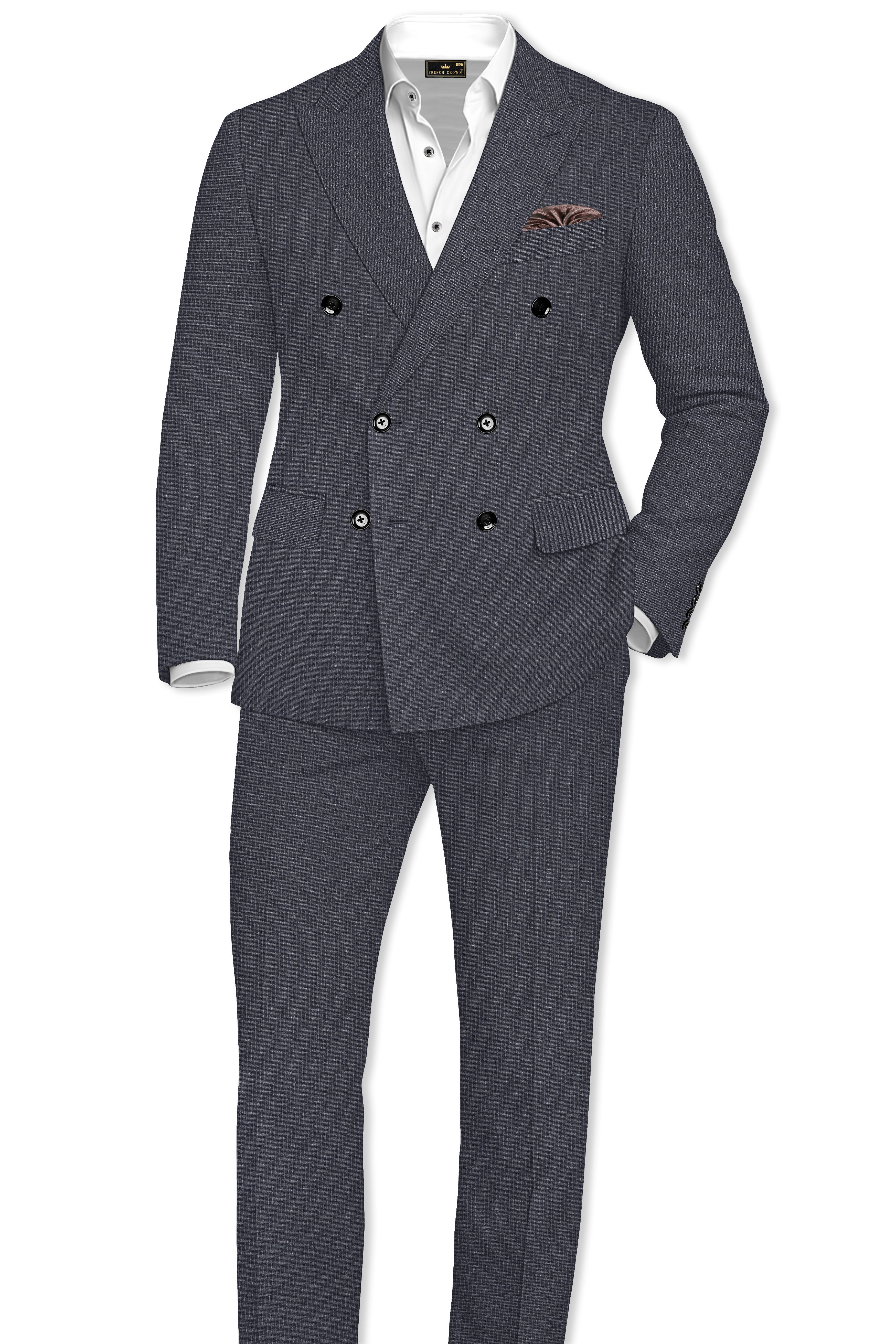 Monvex-Tuna Gray Pencil Striped Wool Rich Slight Stretch Double Breasted Suit