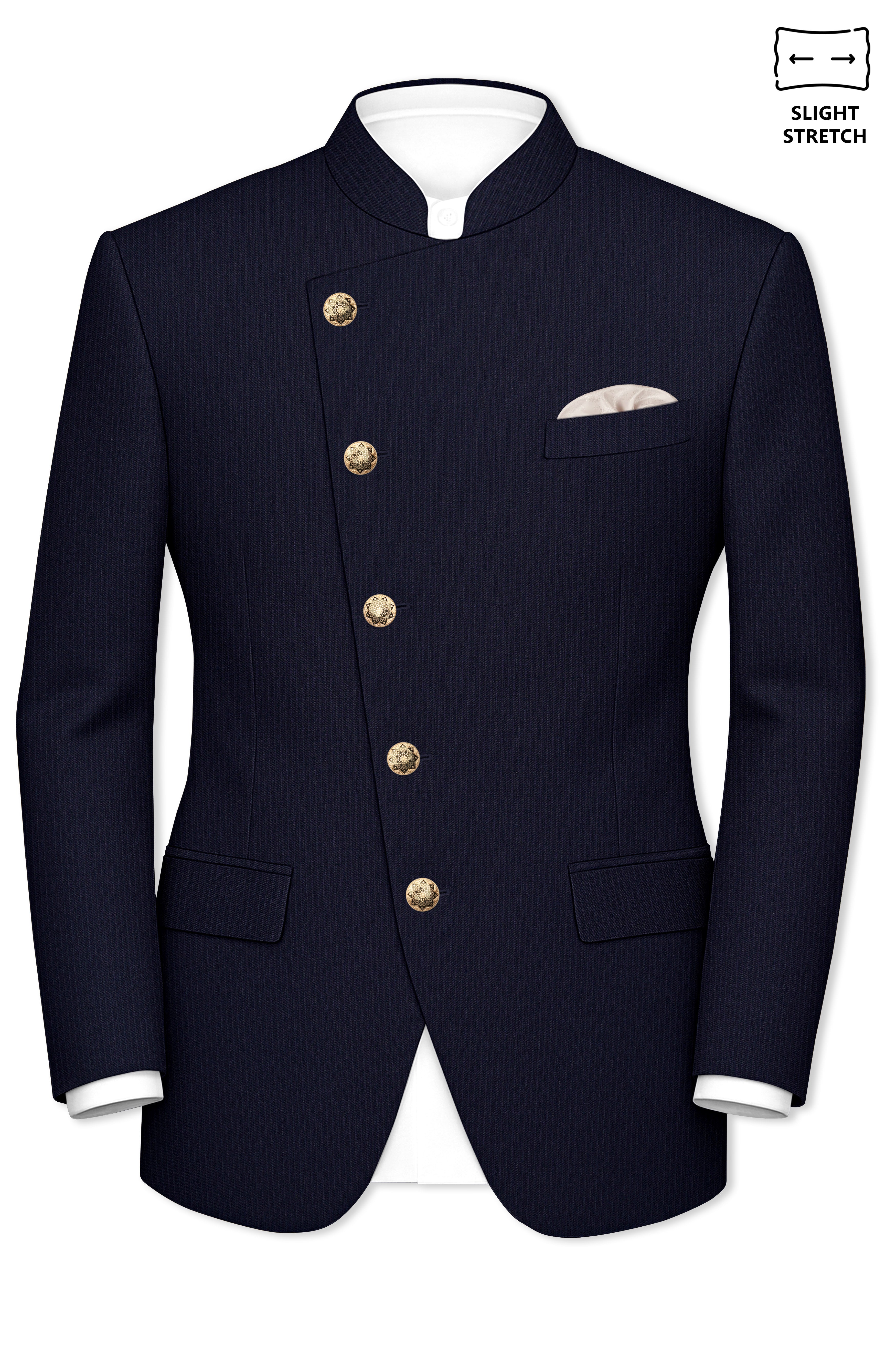 Elion-Bunker Blue Pencil Striped Wool Rich Slight Stretch Cross Placket Bandhgala Suit