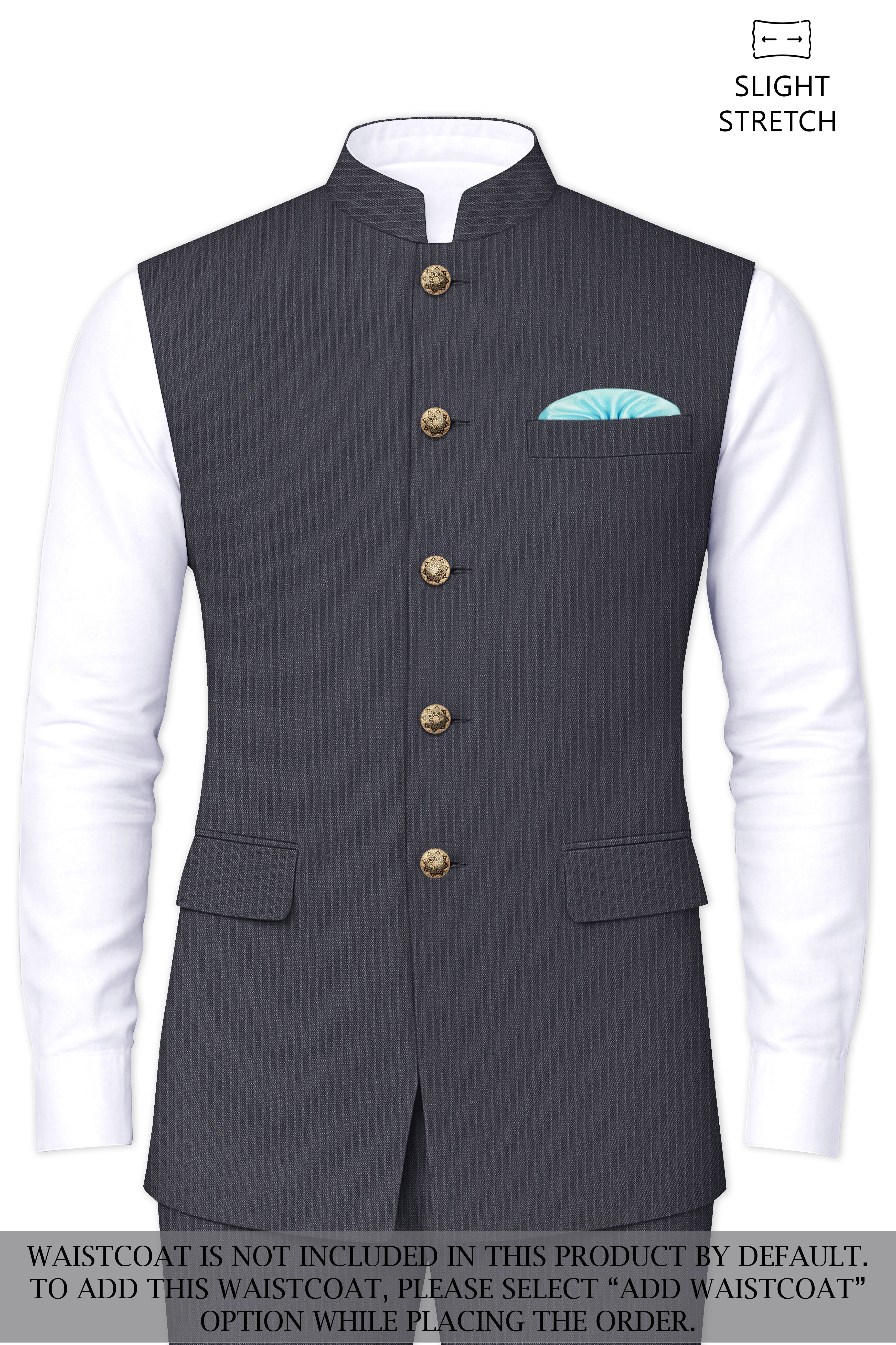 Monvex-Tuna Gray Pencil Striped Wool Rich Slight Stretch Cross Placket Bandhgala Suit