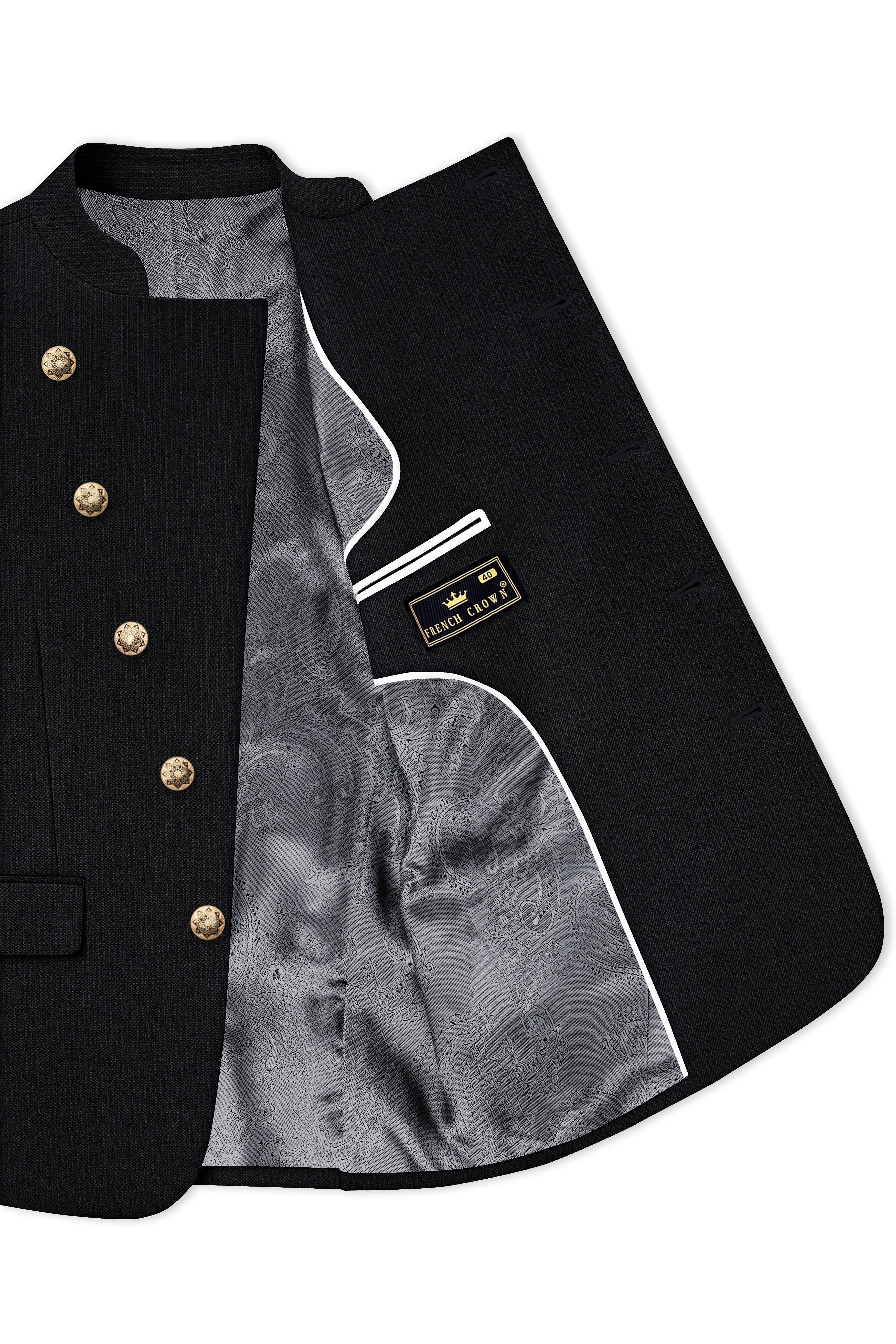 Noir-Jade Black Pencil Striped Wool Rich Slight Stretch Cross Placket Bandhgala Suit