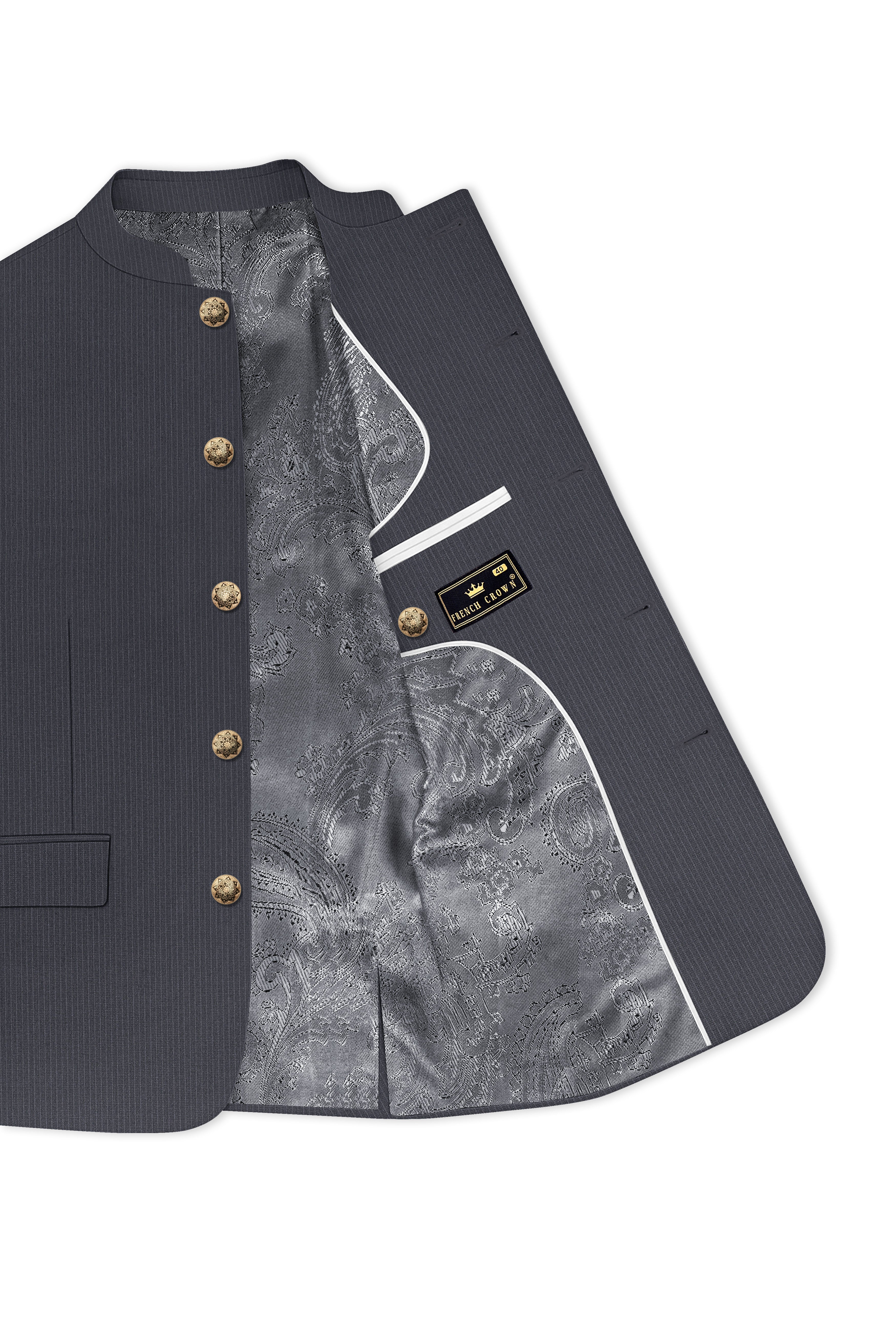 Monvex-Tuna Gray Pencil Striped Wool Rich Bandhgala Slight Stretch Suit