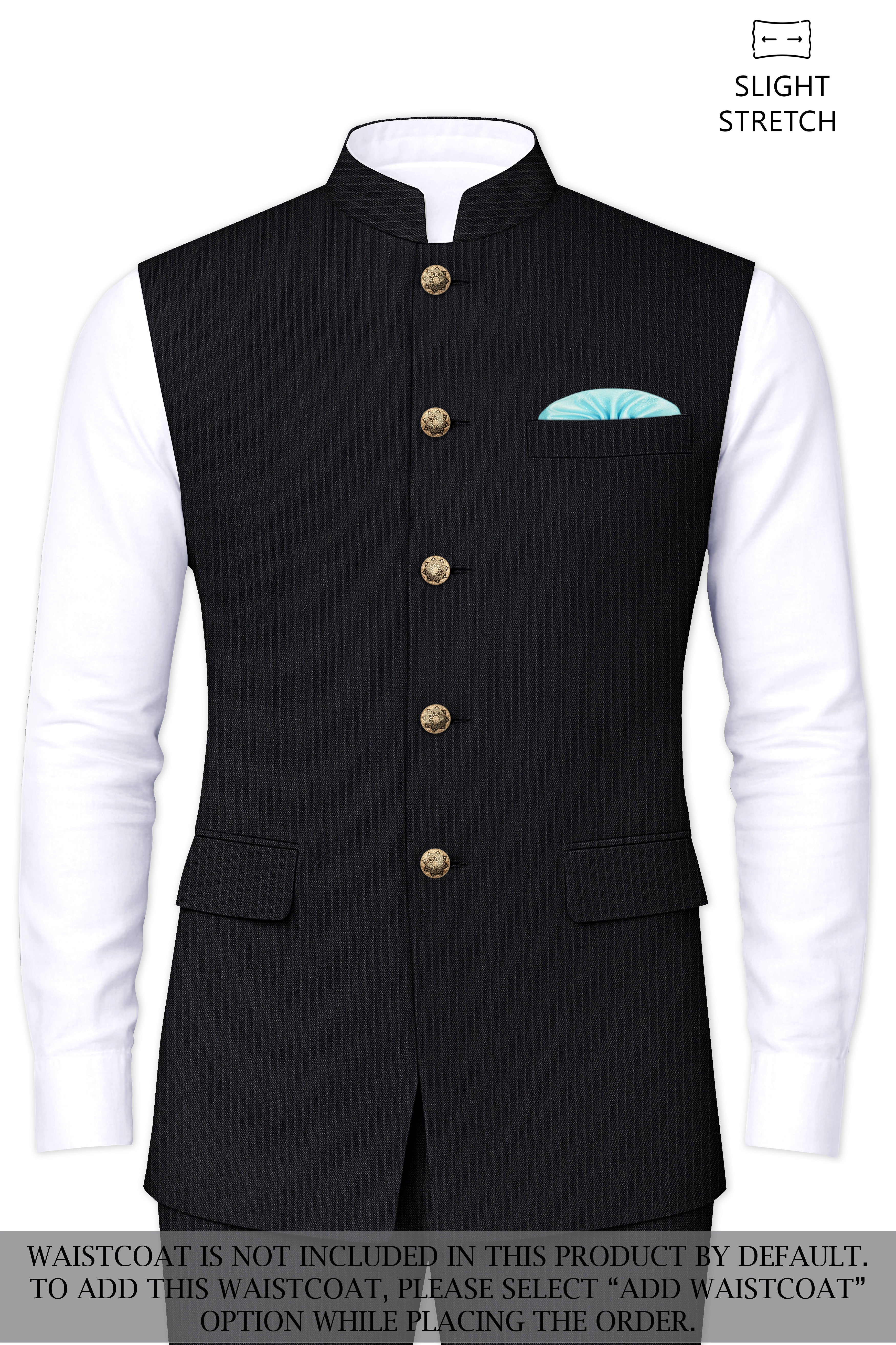 Noir-Jade Black Pencil Striped Wool Rich Bandhgala Slight Stretch Suit