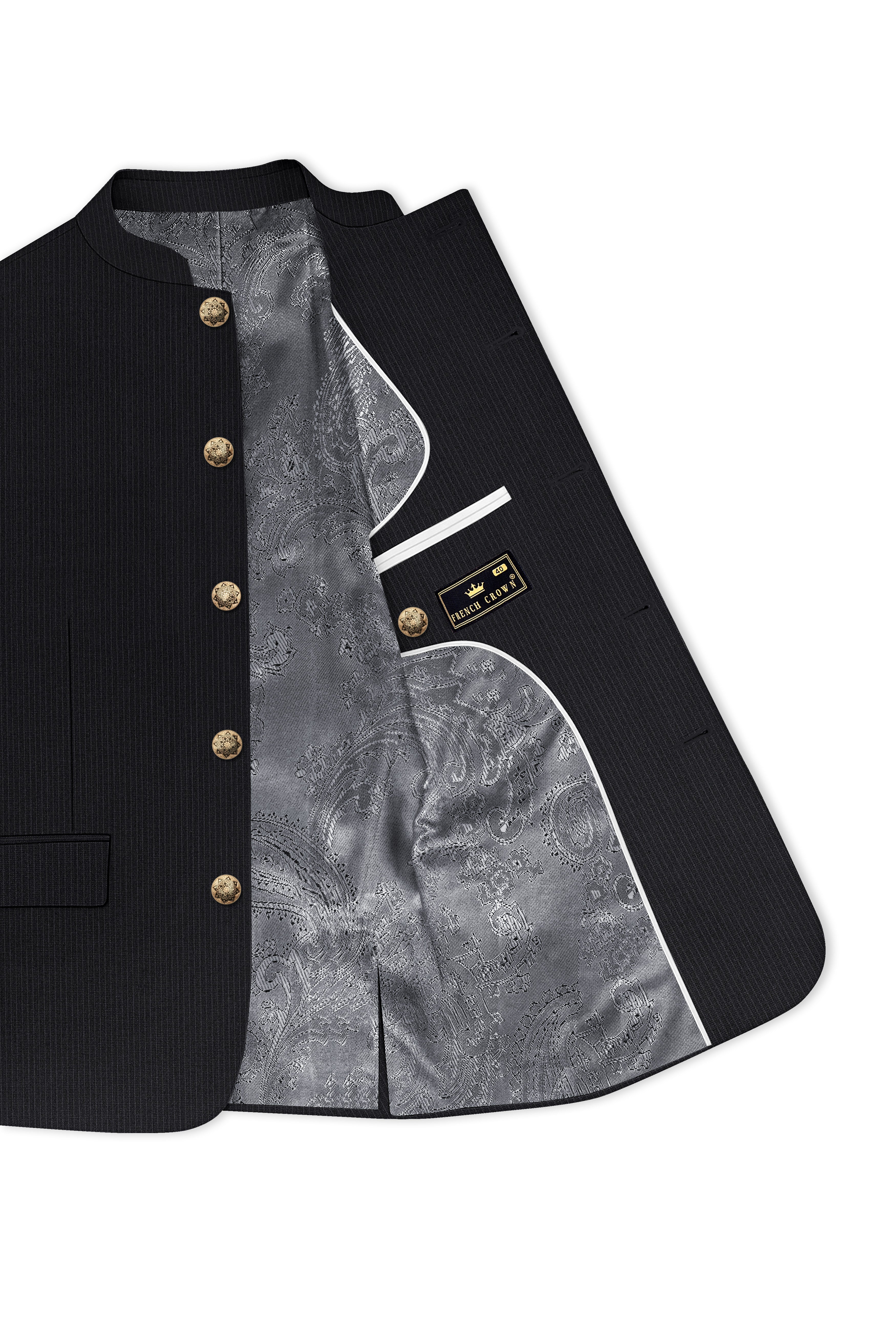 Noir-Jade Black Pencil Striped Wool Rich Bandhgala Slight Stretch Suit