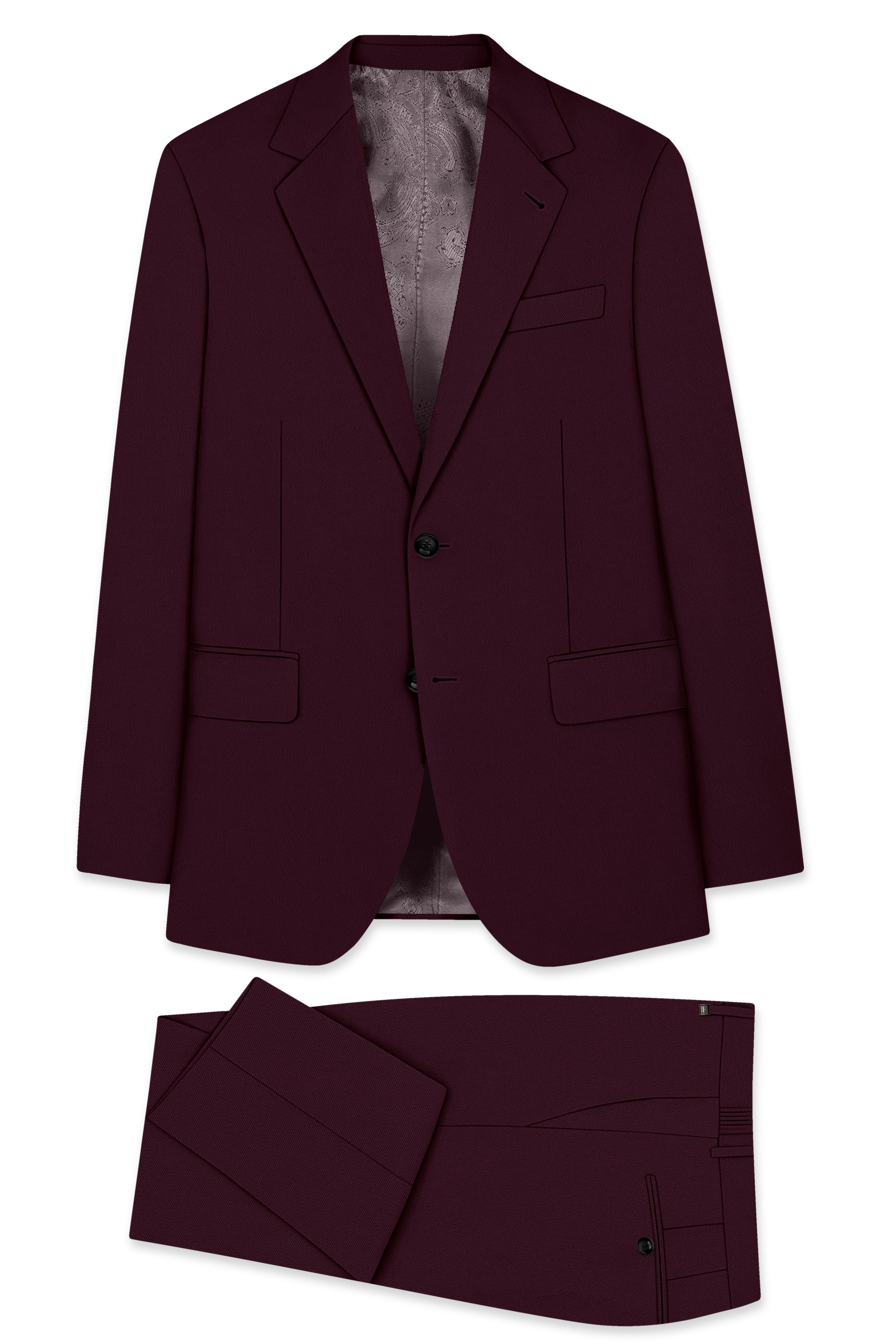 Veltrix-Korean Aubergine Maroon 4-Way Stretch Wrinkle-Free Wool Rich Single Breasted Suit