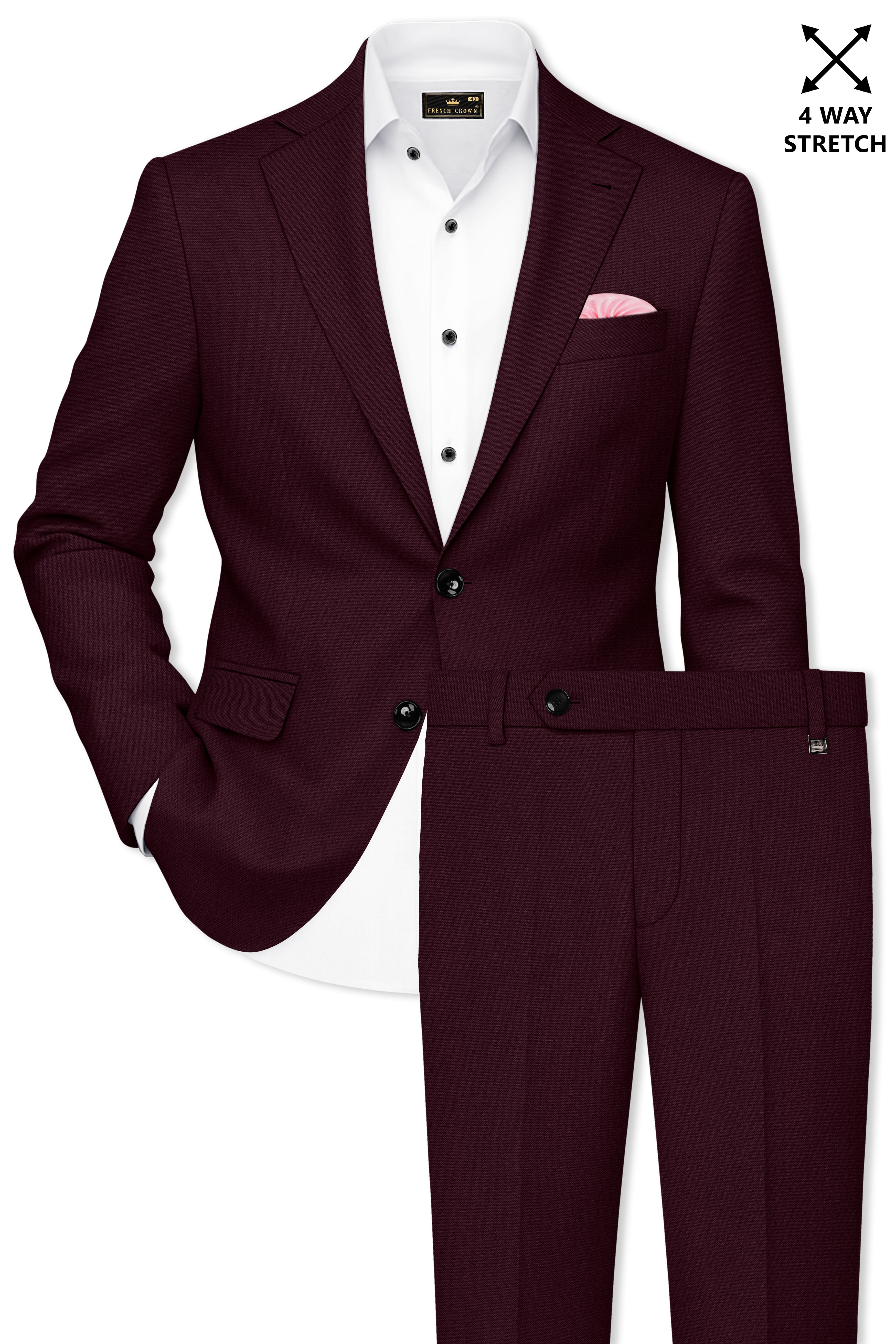 Veltrix-Korean Aubergine Maroon 4-Way Stretch Wrinkle-Free Wool Rich Single Breasted Suit