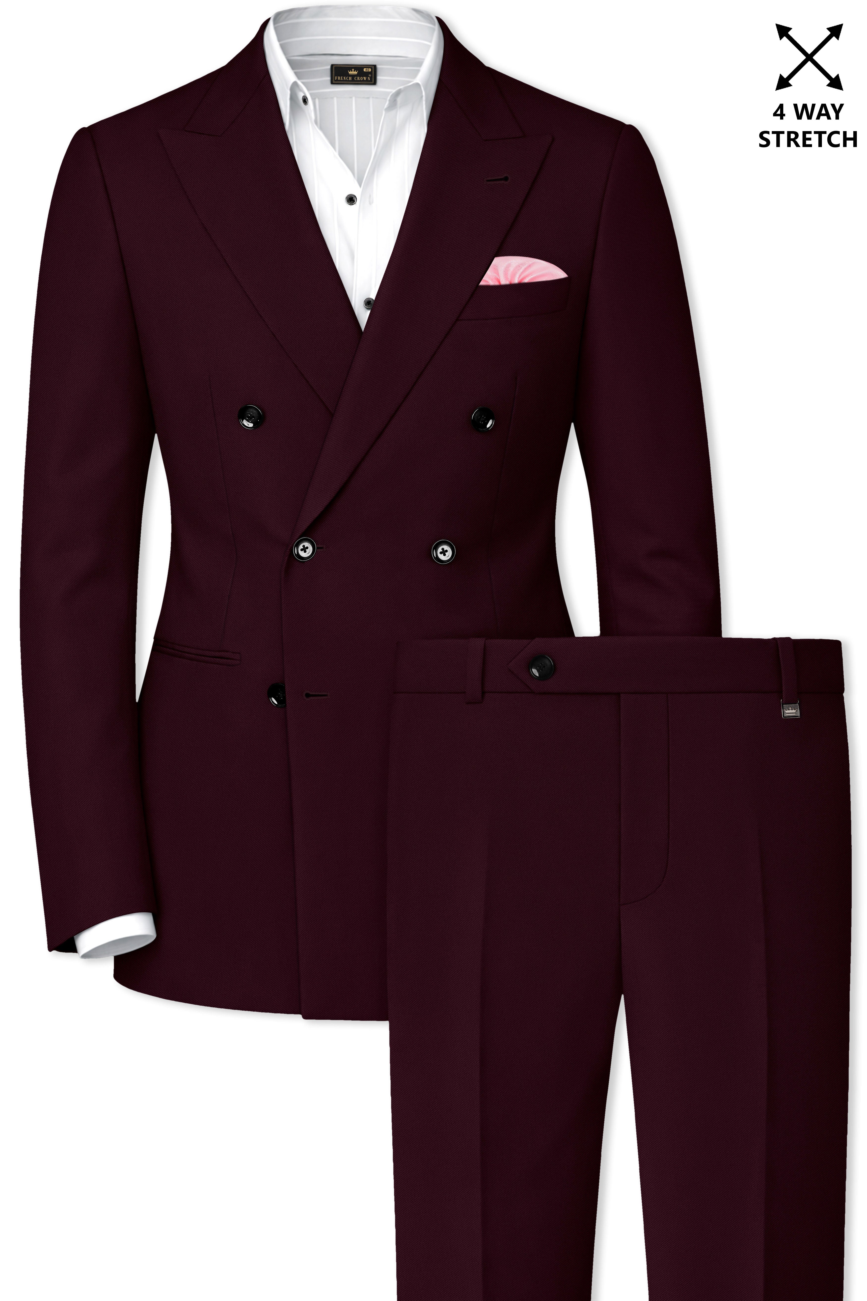 Veltrix-Korean Aubergine Maroon 4-Way Stretch Wrinkle-Free Wool Rich Double Breasted Suit
