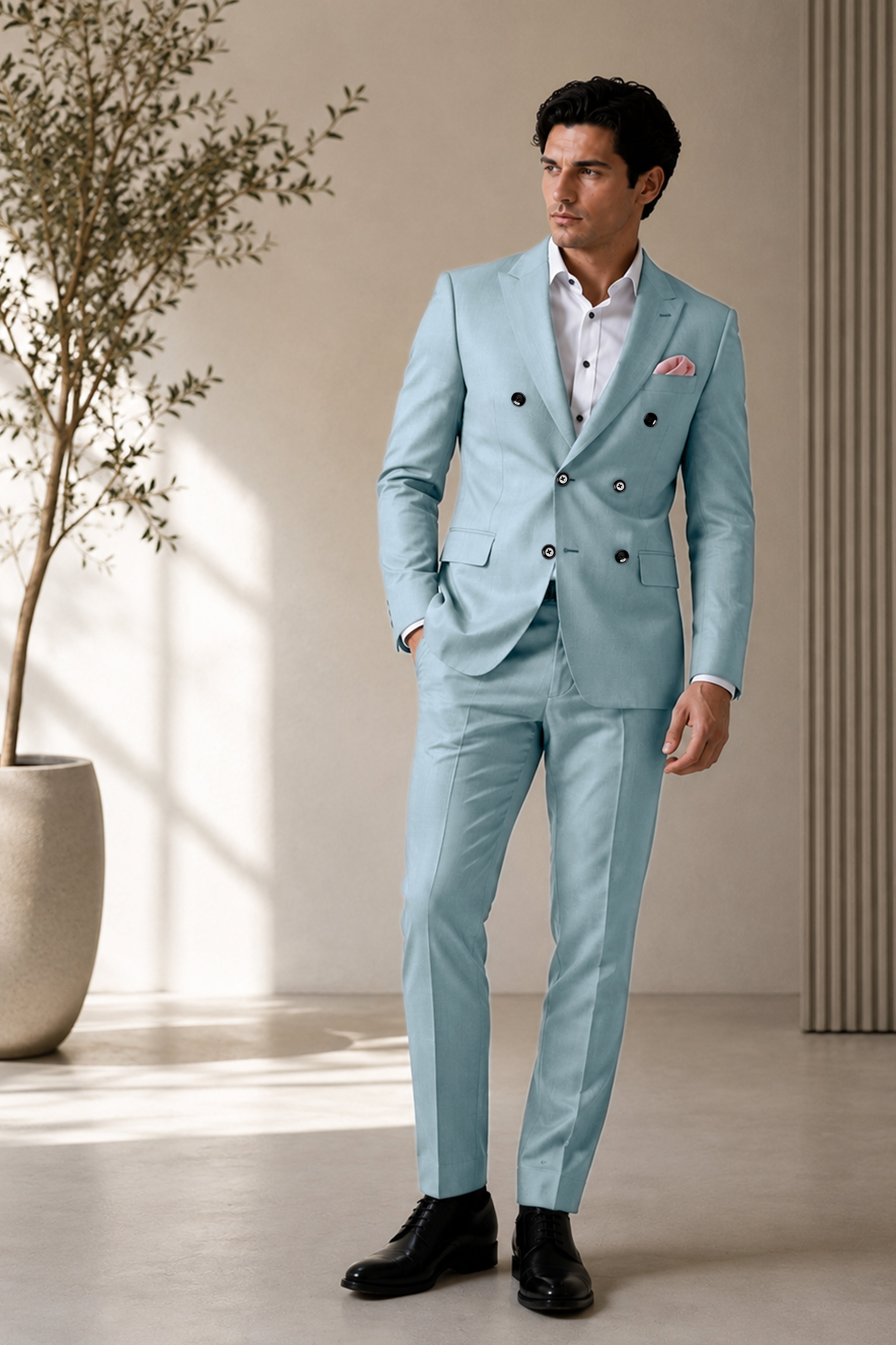 Pewter-Korean Chateau gray 4-Way Stretch Wrinkle-Free Wool Rich Double Breasted Suit