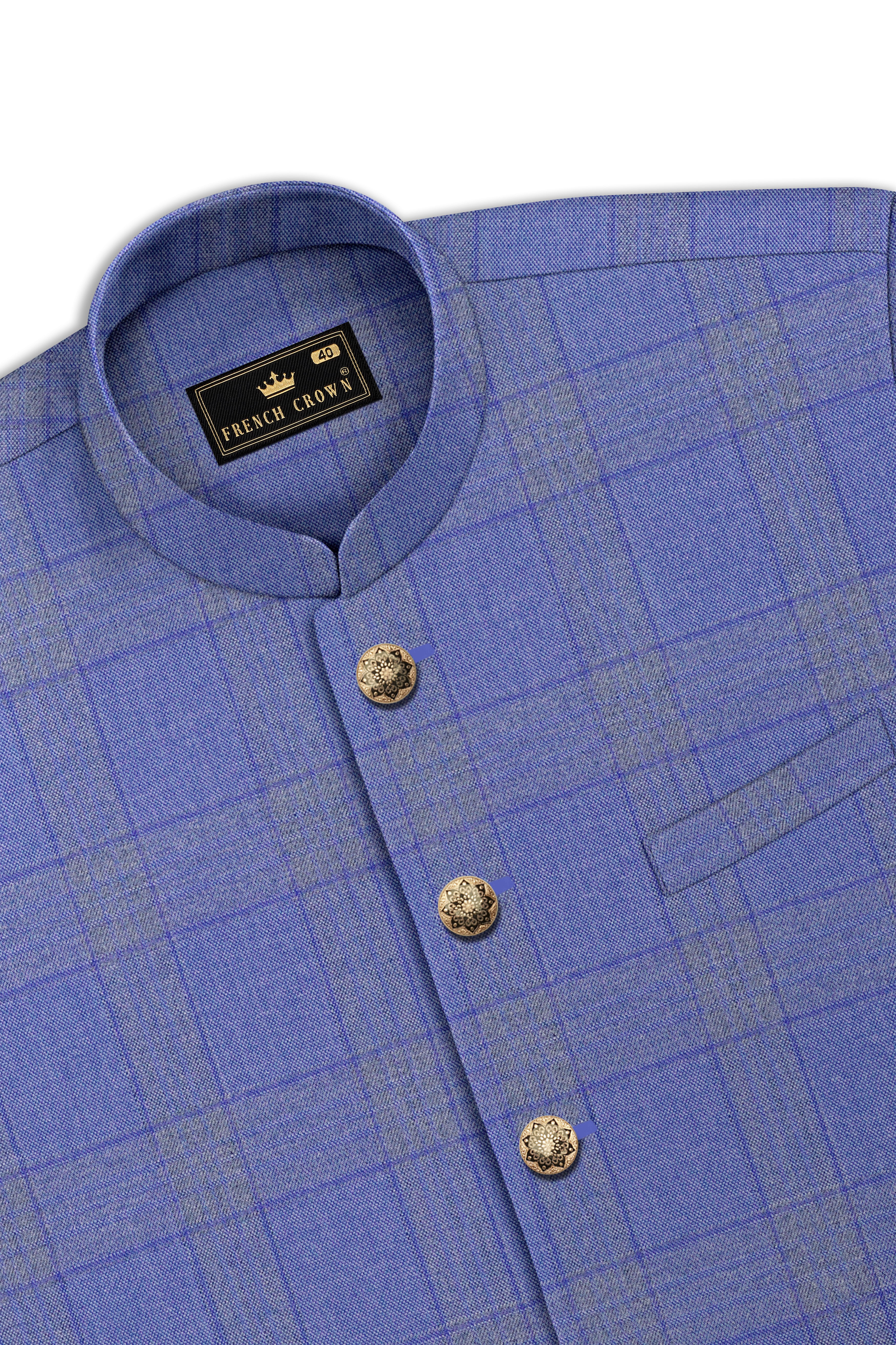 Cobalt-Scampi Blue Plaid Wool Rich Cross Placket Bandhgala Suit