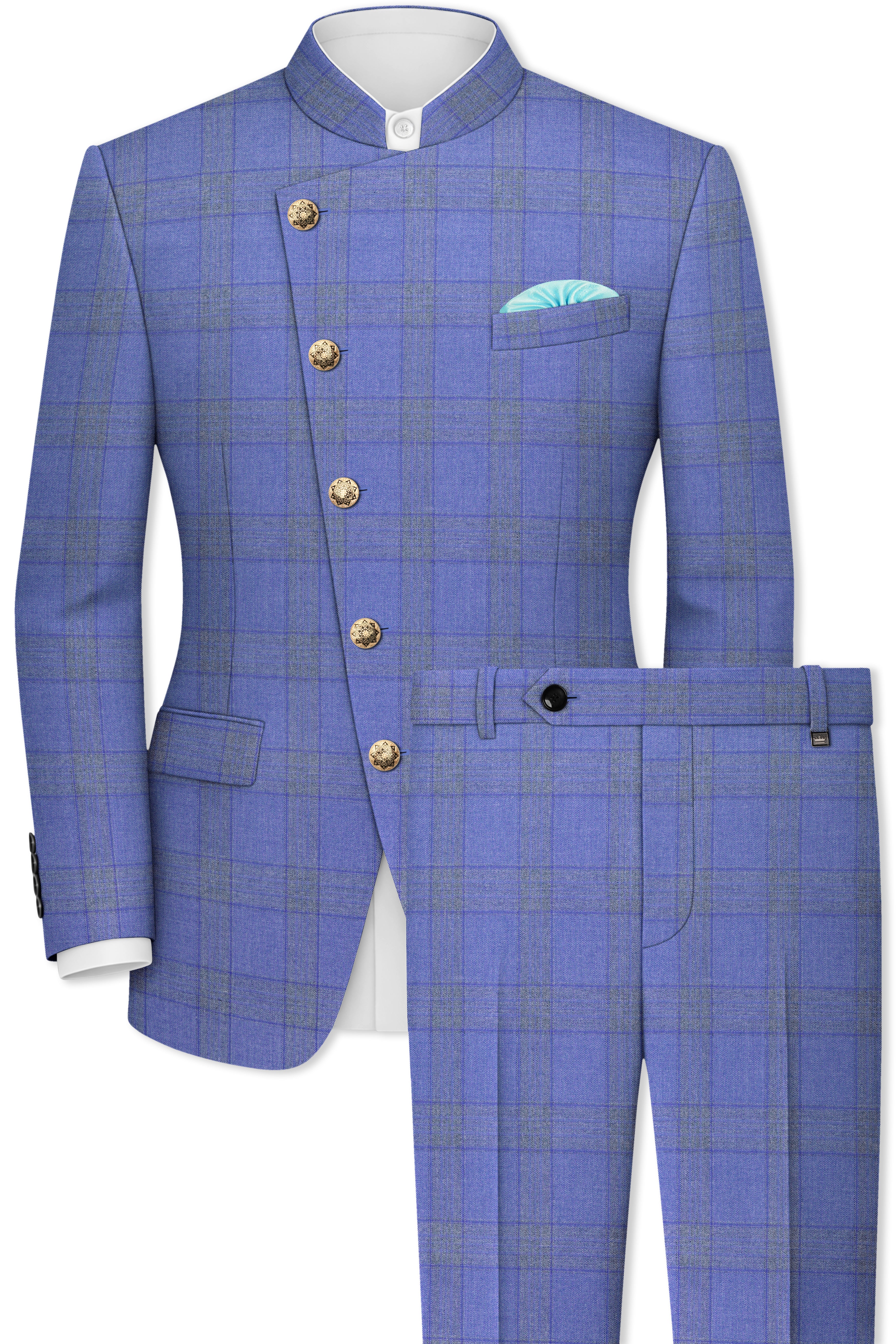 Cobalt-Scampi Blue Plaid Wool Rich Cross Placket Bandhgala Suit