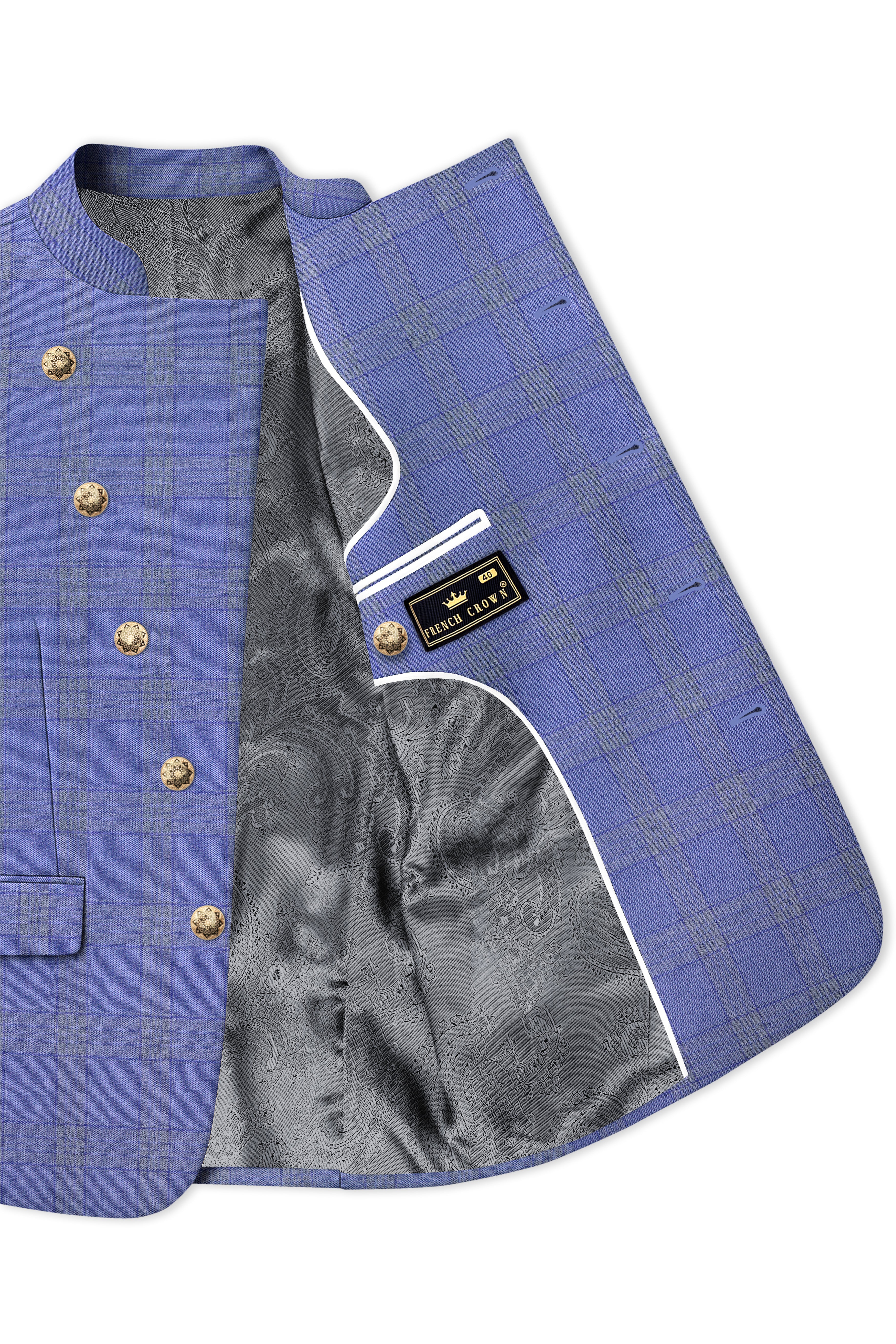 Cobalt-Scampi Blue Plaid Wool Rich Cross Placket Bandhgala Suit