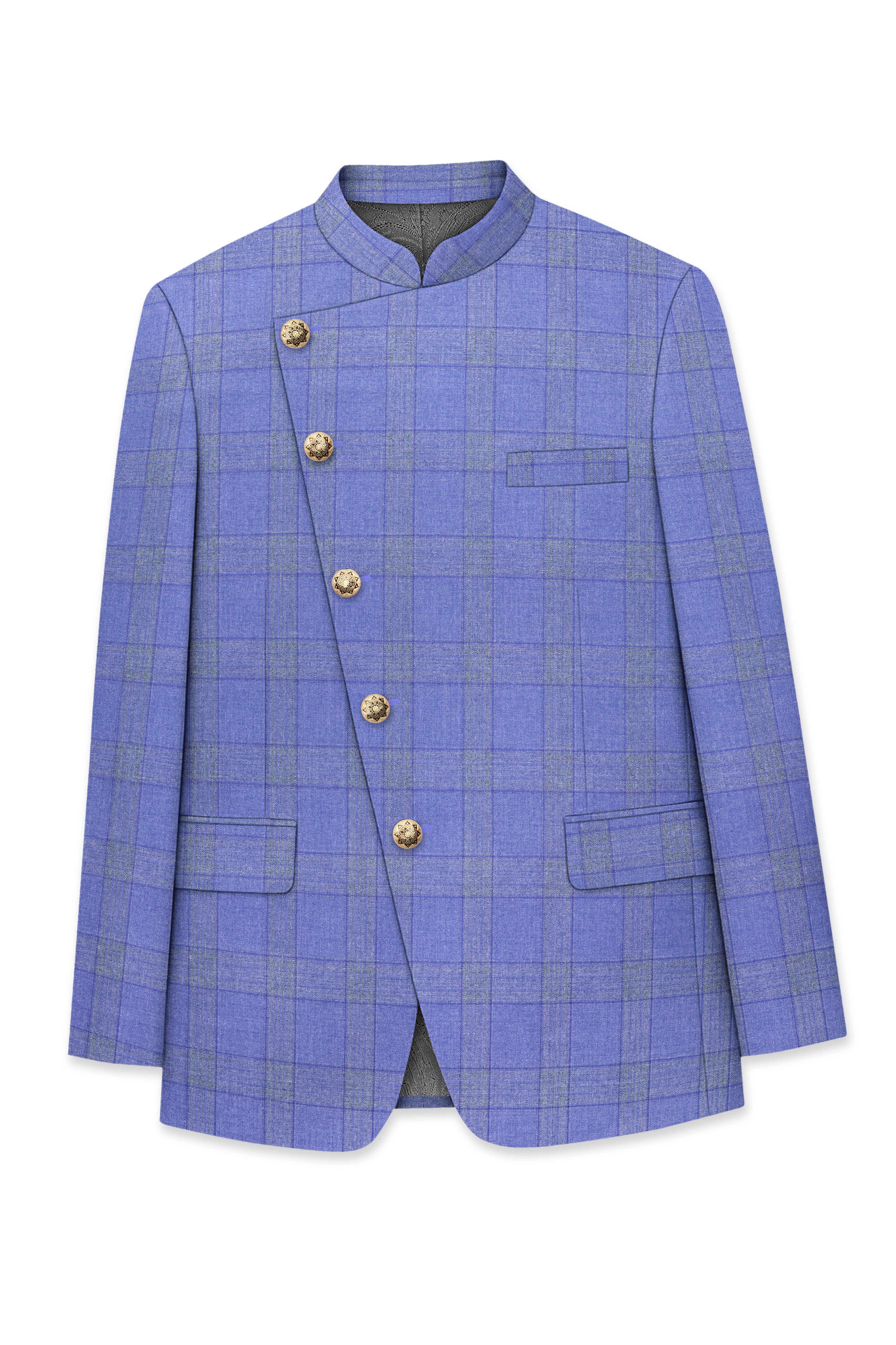 Cobalt-Scampi Blue Plaid Wool Rich Cross Placket Bandhgala Suit