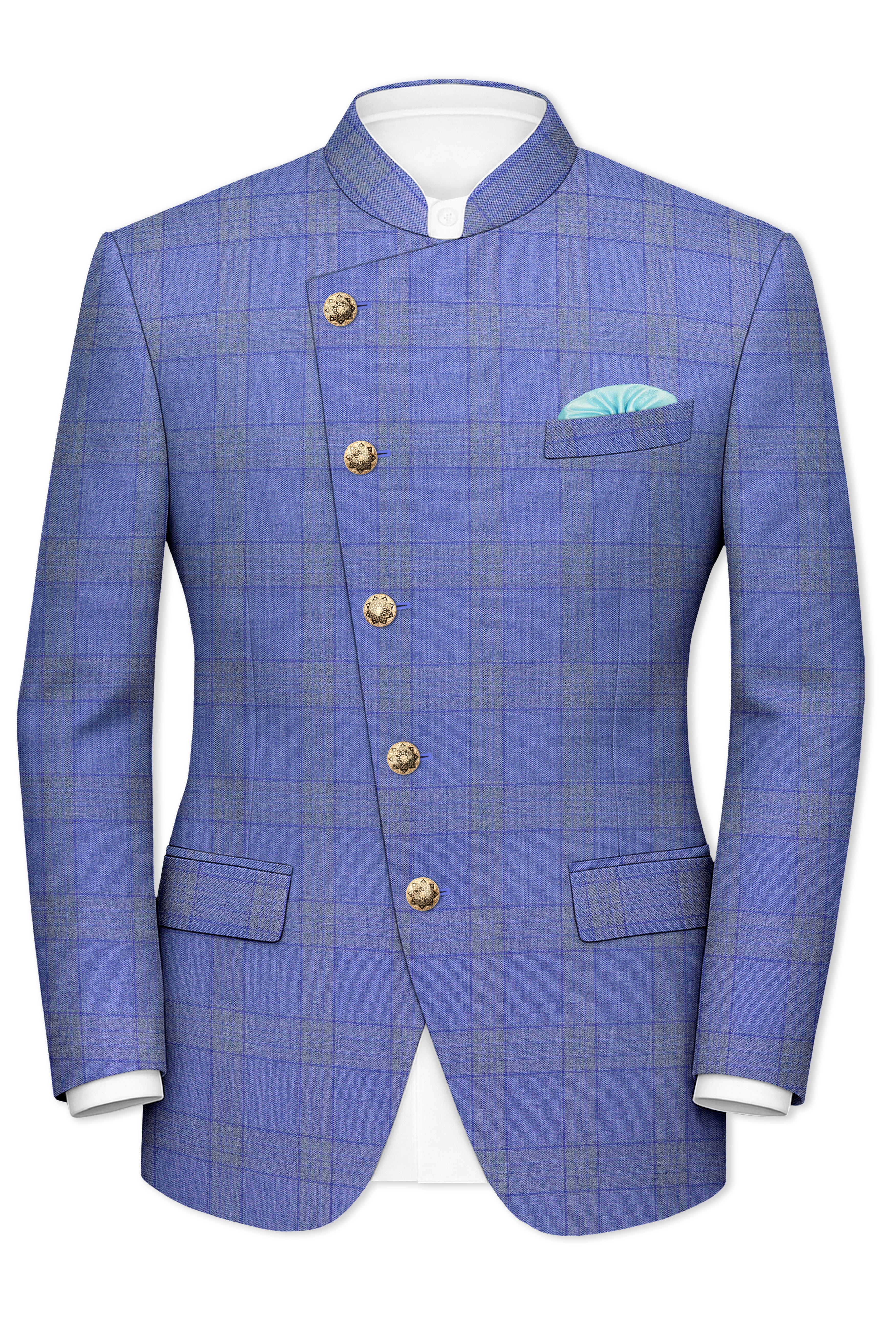 Cobalt-Scampi Blue Plaid Wool Rich Cross Placket Bandhgala Suit