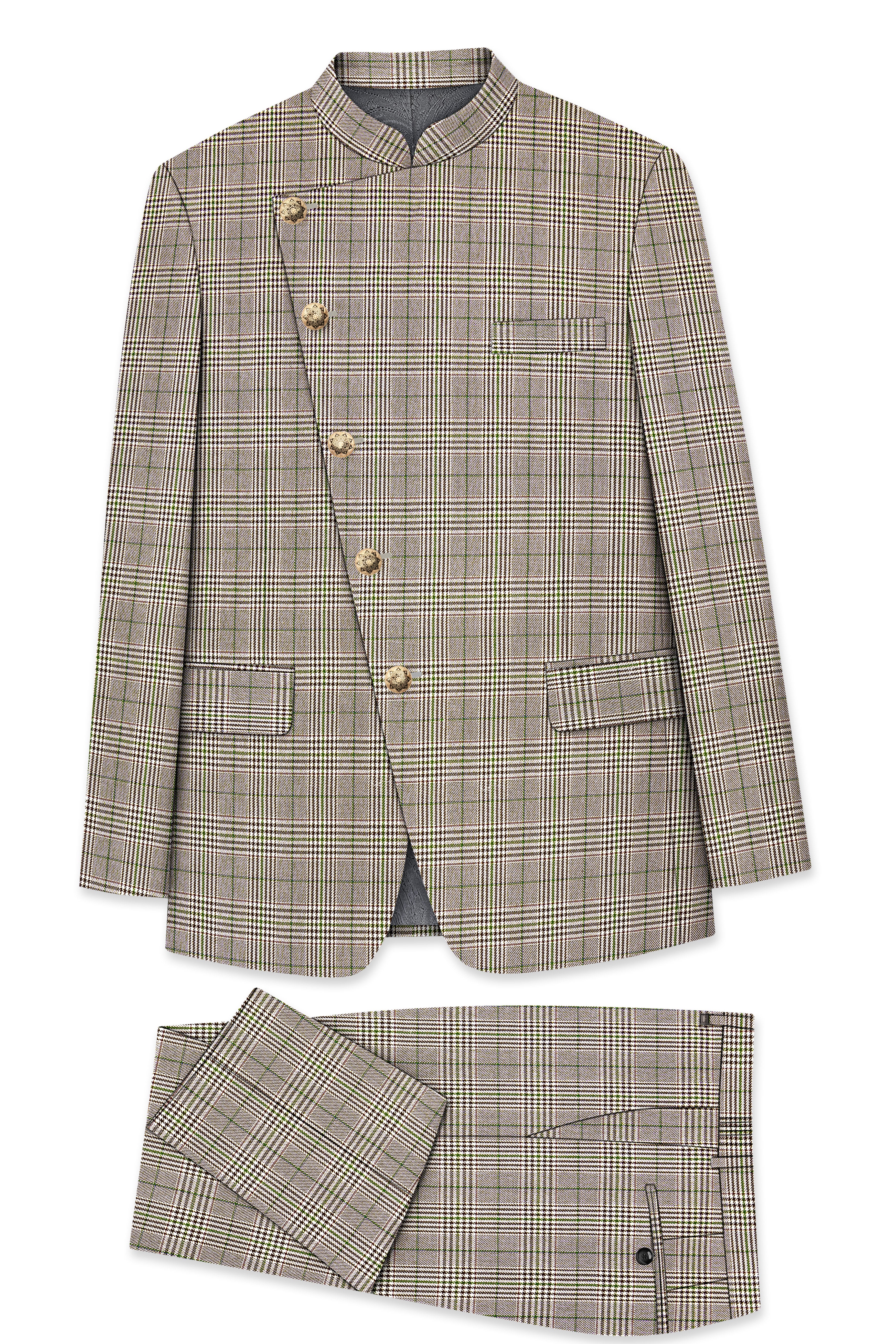 Nawab-Tundora Brown Plaid Wool Rich Cross Placket Bandhgala Suit