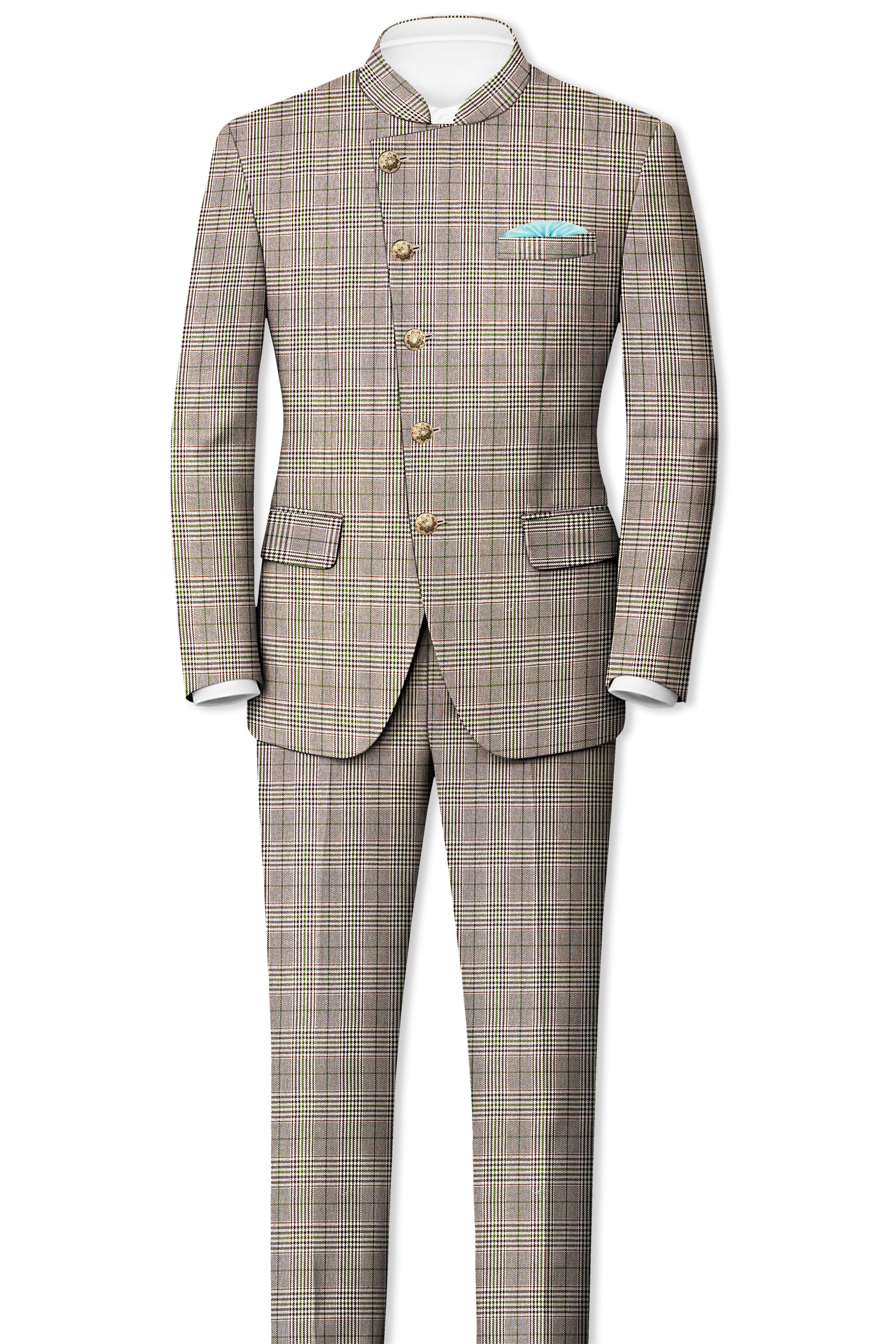 Nawab-Tundora Brown Plaid Wool Rich Cross Placket Bandhgala Suit