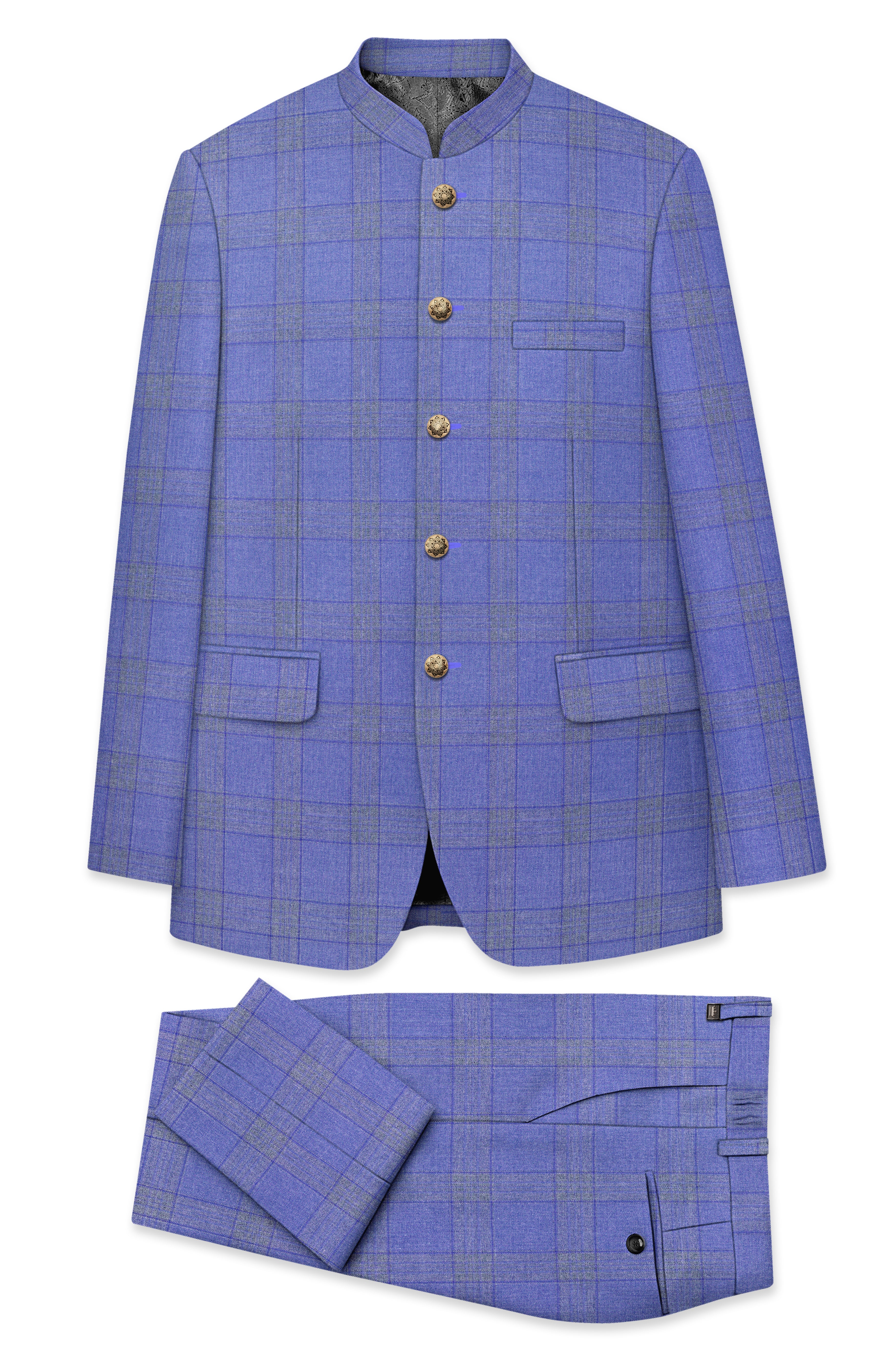Cobalt-Scampi Blue Plaid Wool Rich Bandhgala Suit