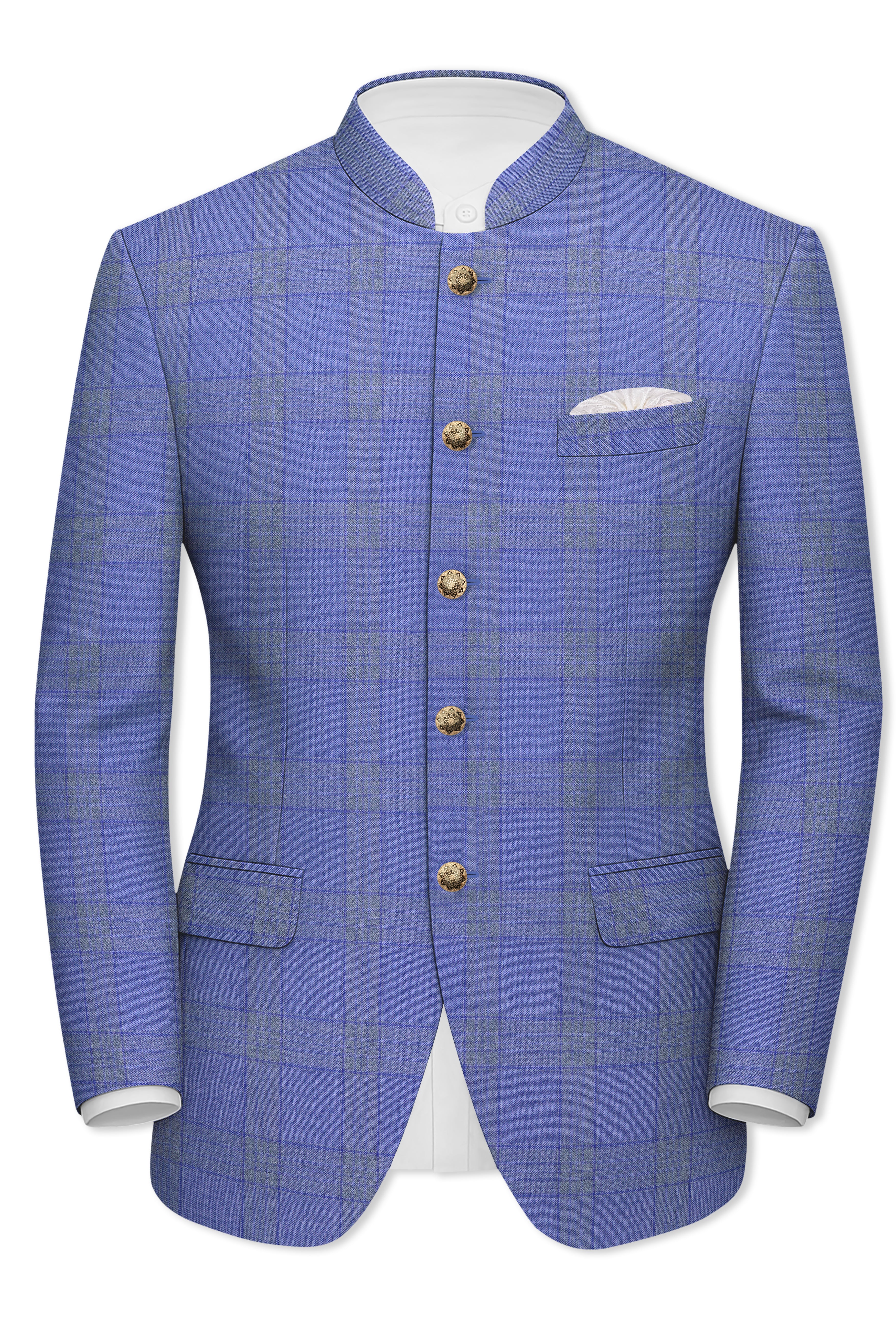 Cobalt-Scampi Blue Plaid Wool Rich Bandhgala Suit