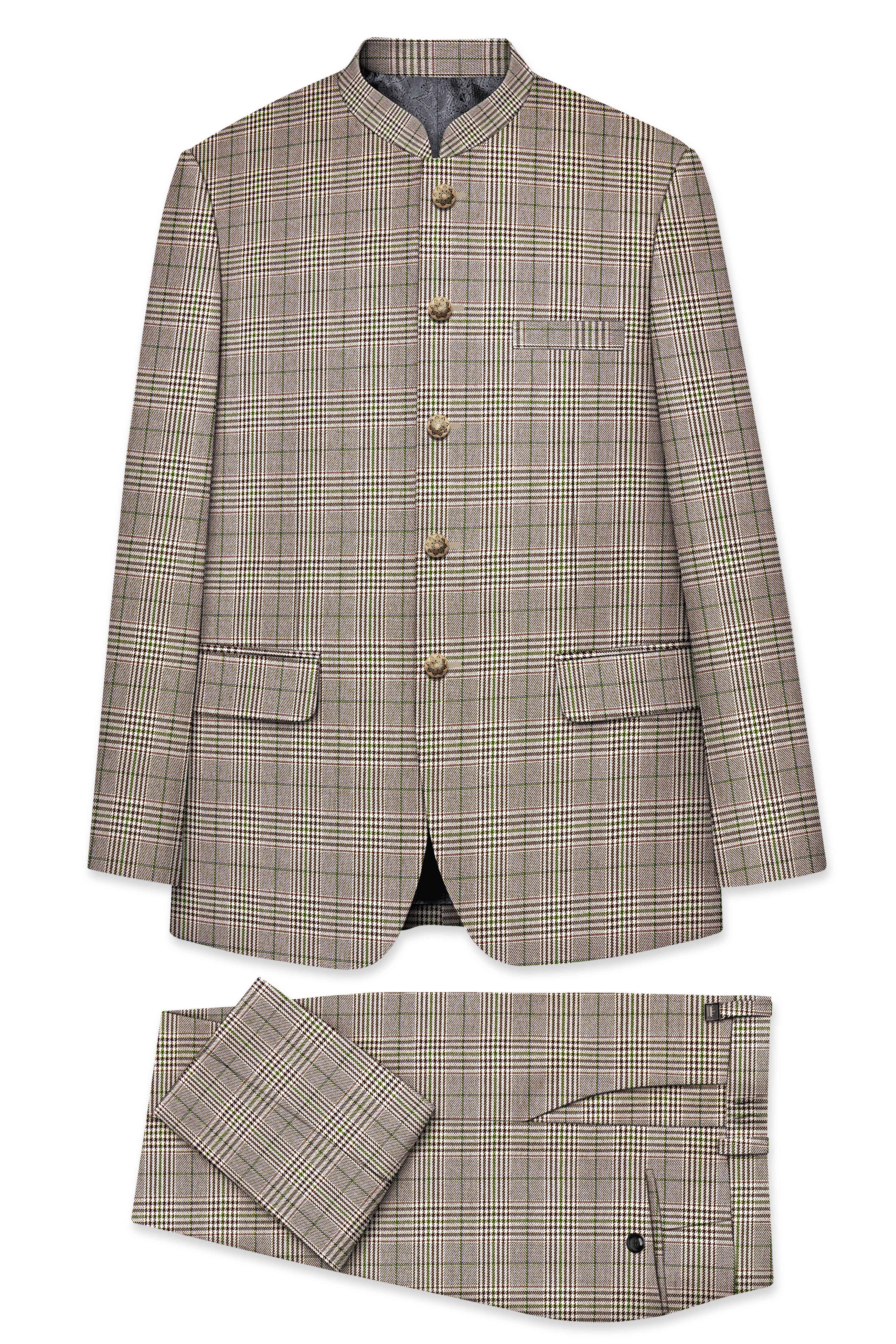Nawab-Tundora Brown Plaid Wool Rich Bandhgala Suit