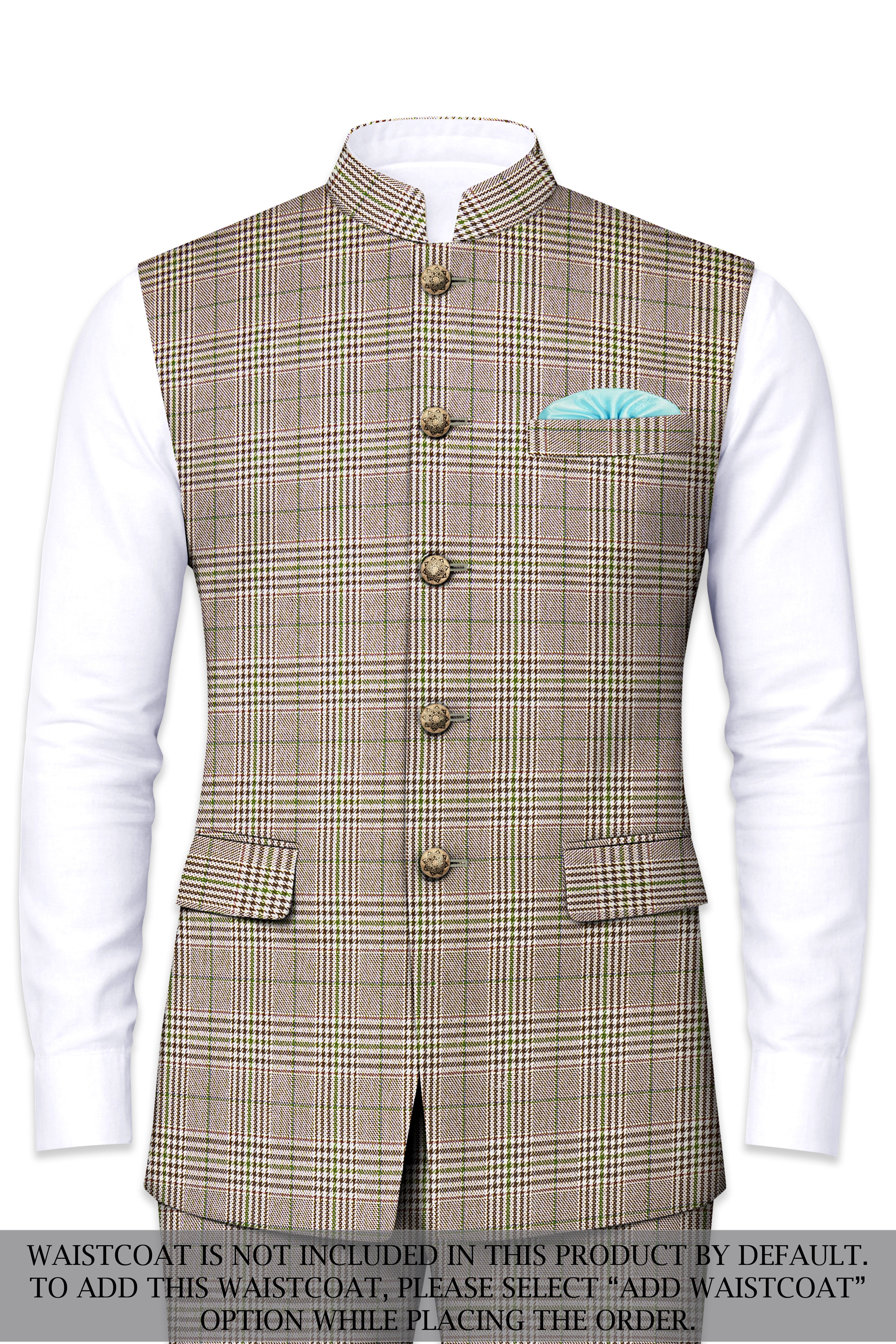Nawab-Tundora Brown Plaid Wool Rich Bandhgala Suit