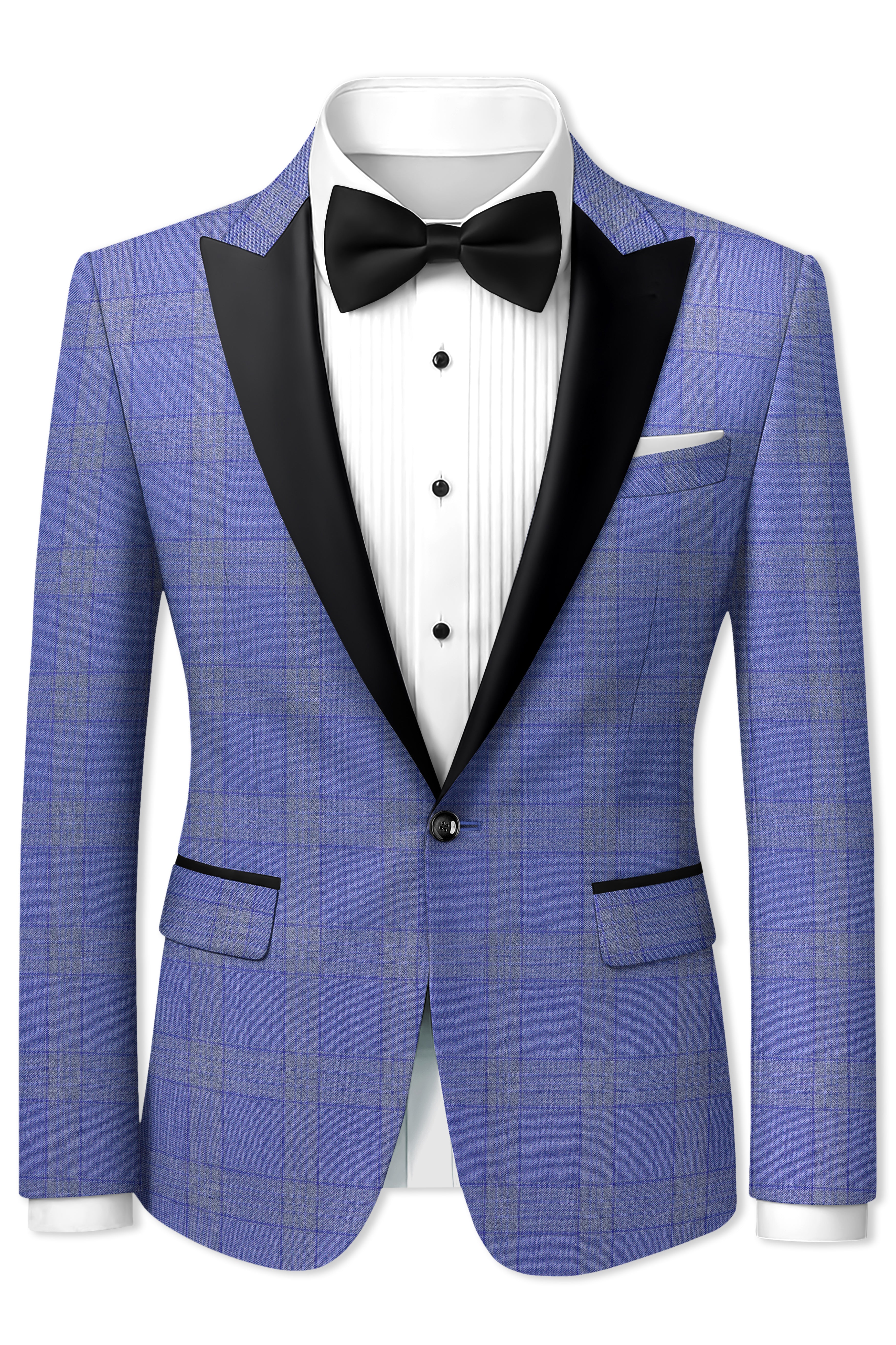 Cobalt-Scampi Blue Plaid Wool Rich Peak Lapel Tuxedo Suit