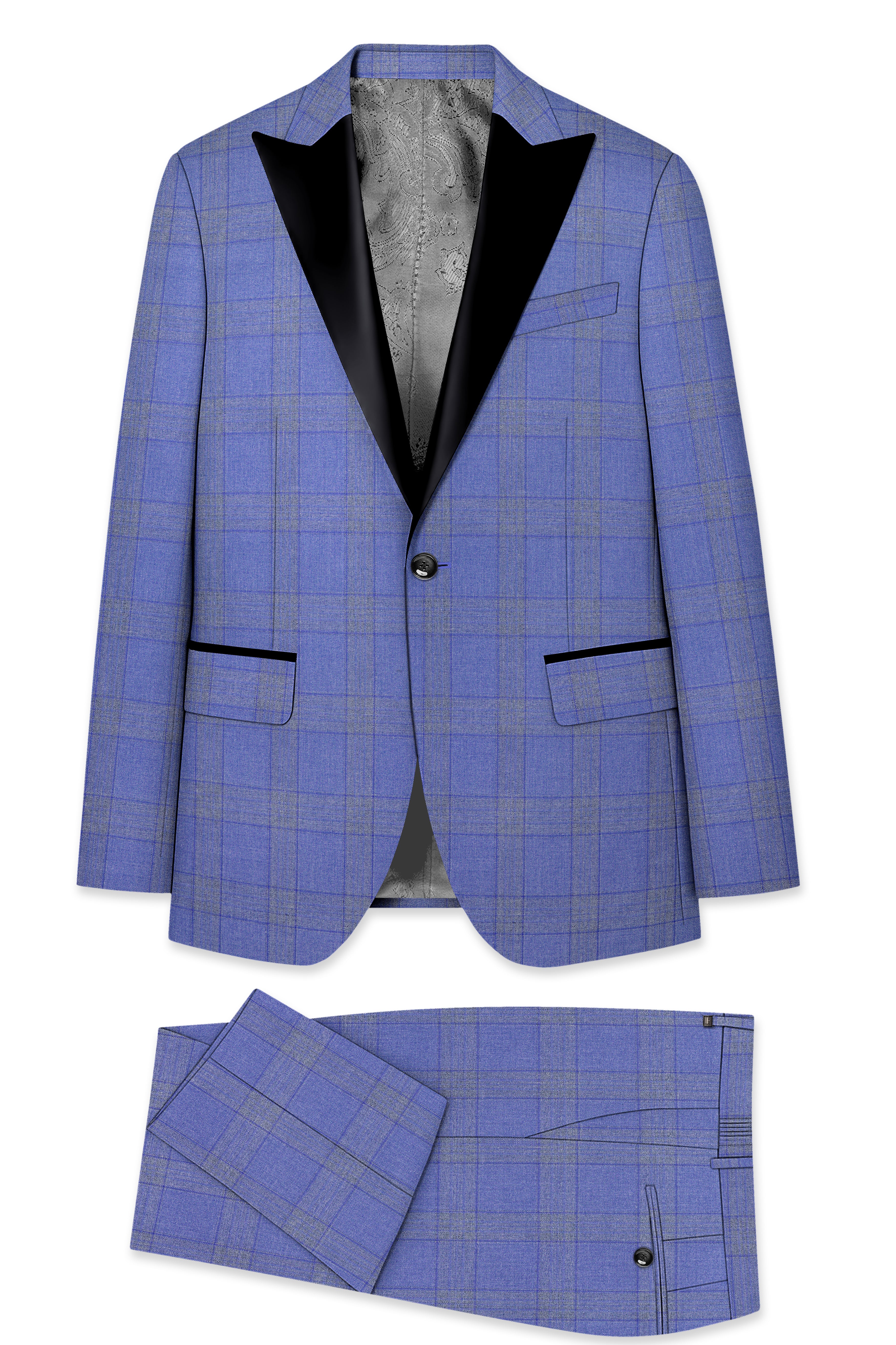 Cobalt-Scampi Blue Plaid Wool Rich Peak Lapel Tuxedo Suit