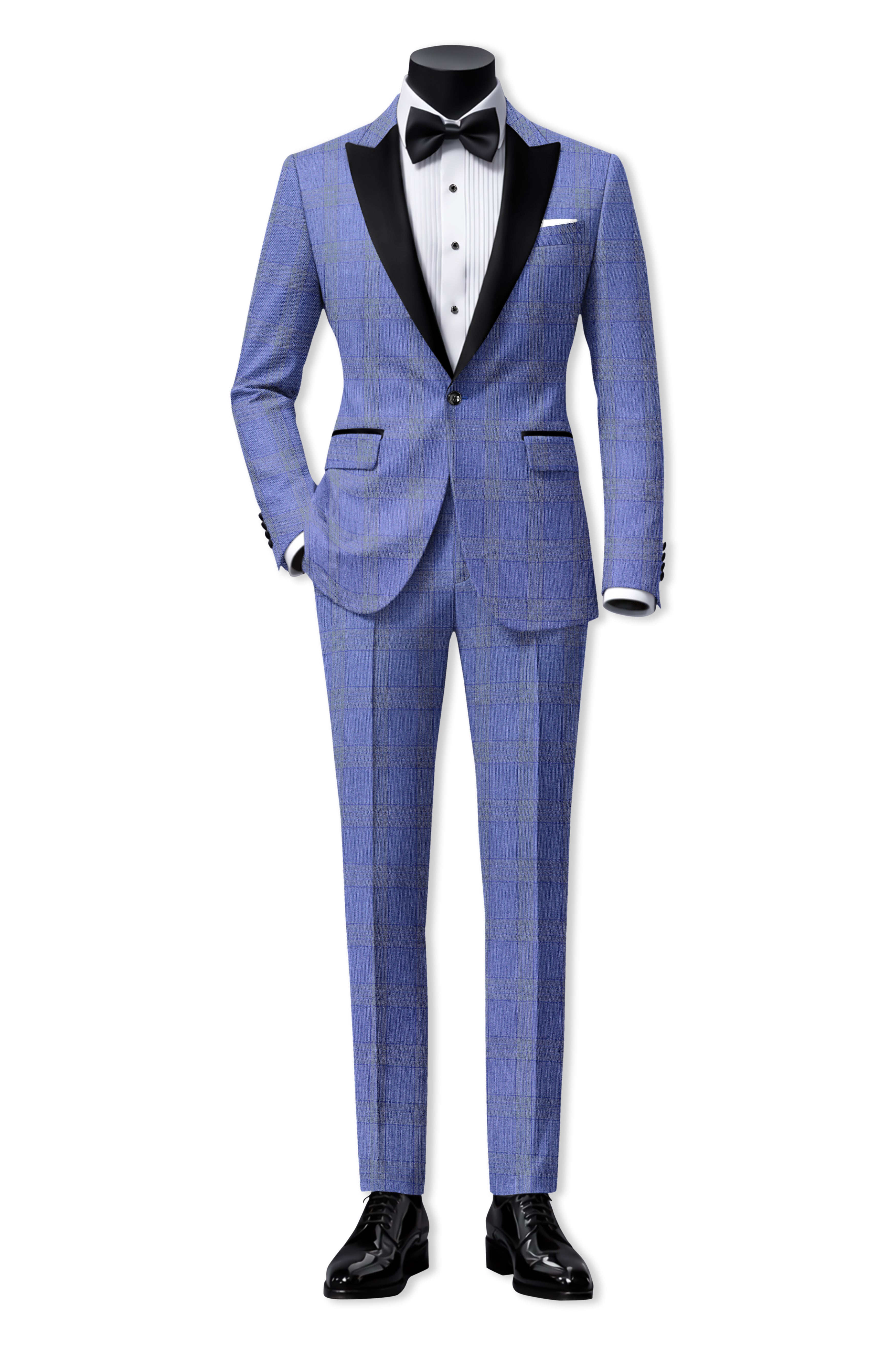 Cobalt-Scampi Blue Plaid Wool Rich Peak Lapel Tuxedo Suit