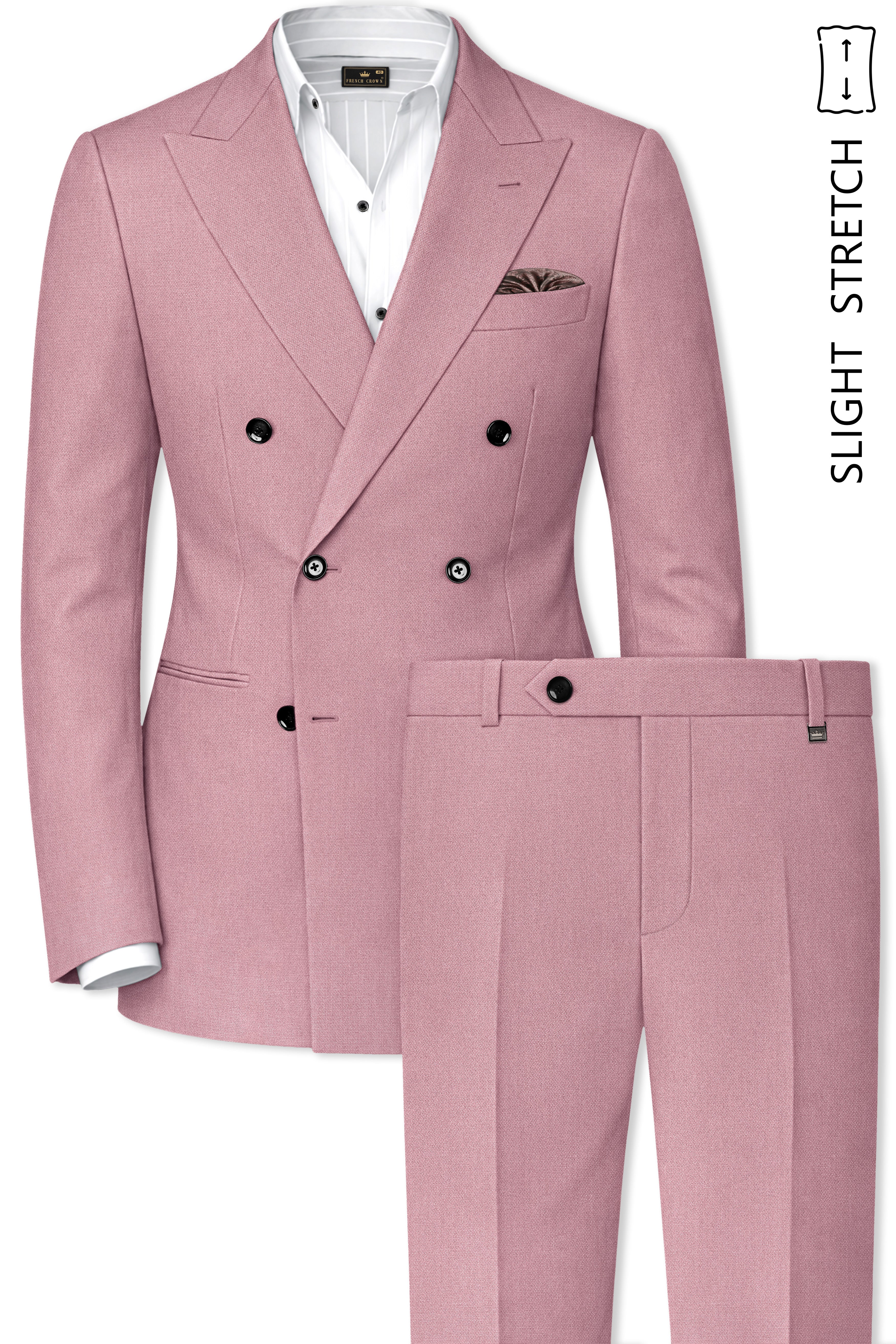 Aurore-Brandy Rose Pink Diamond Textured Wool Rich Slight Stretch Double Breasted Suit