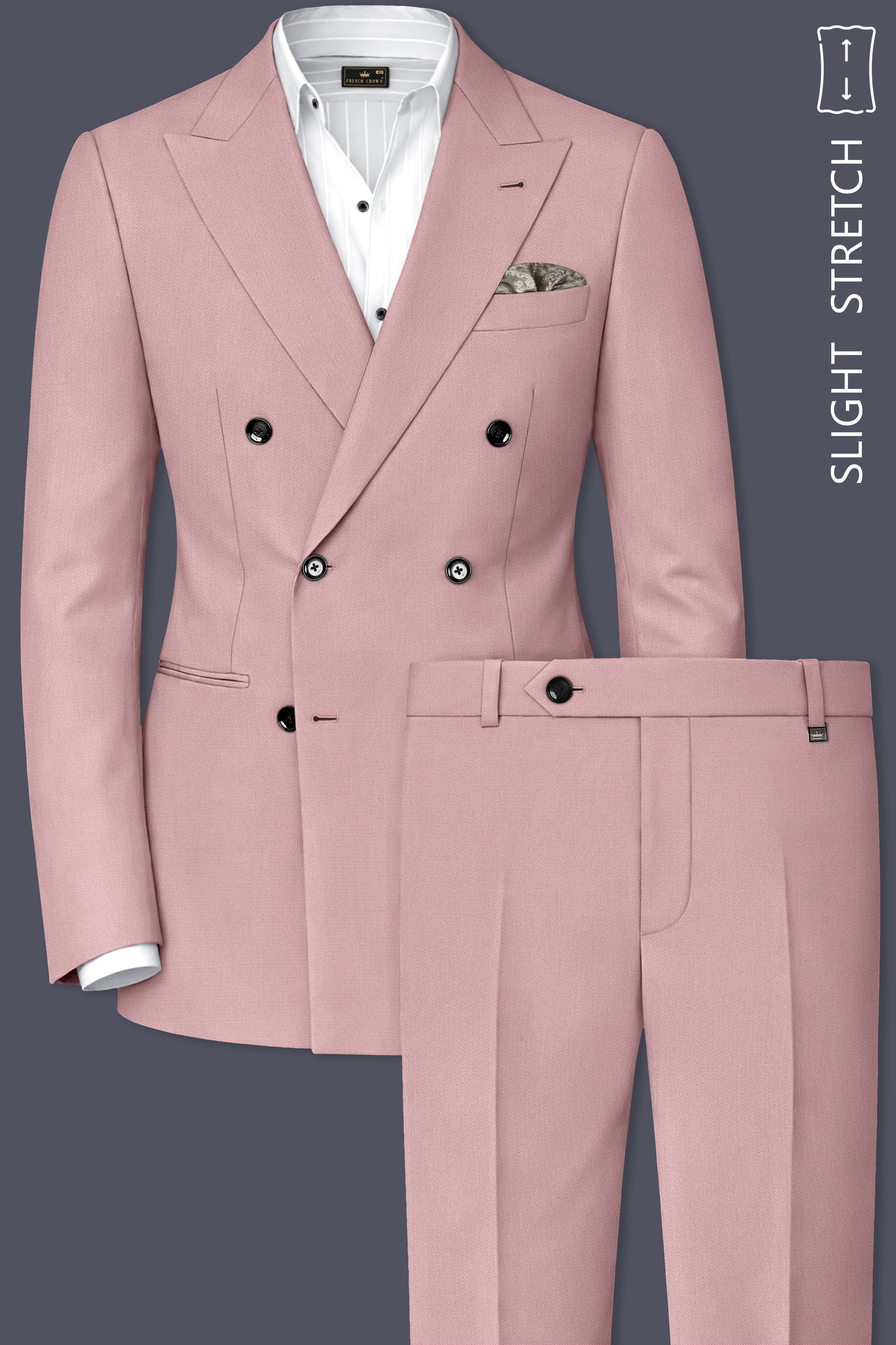 Aurore-Brandy Rose Pink Diamond Textured Wool Rich Slight Stretch Double Breasted Suit