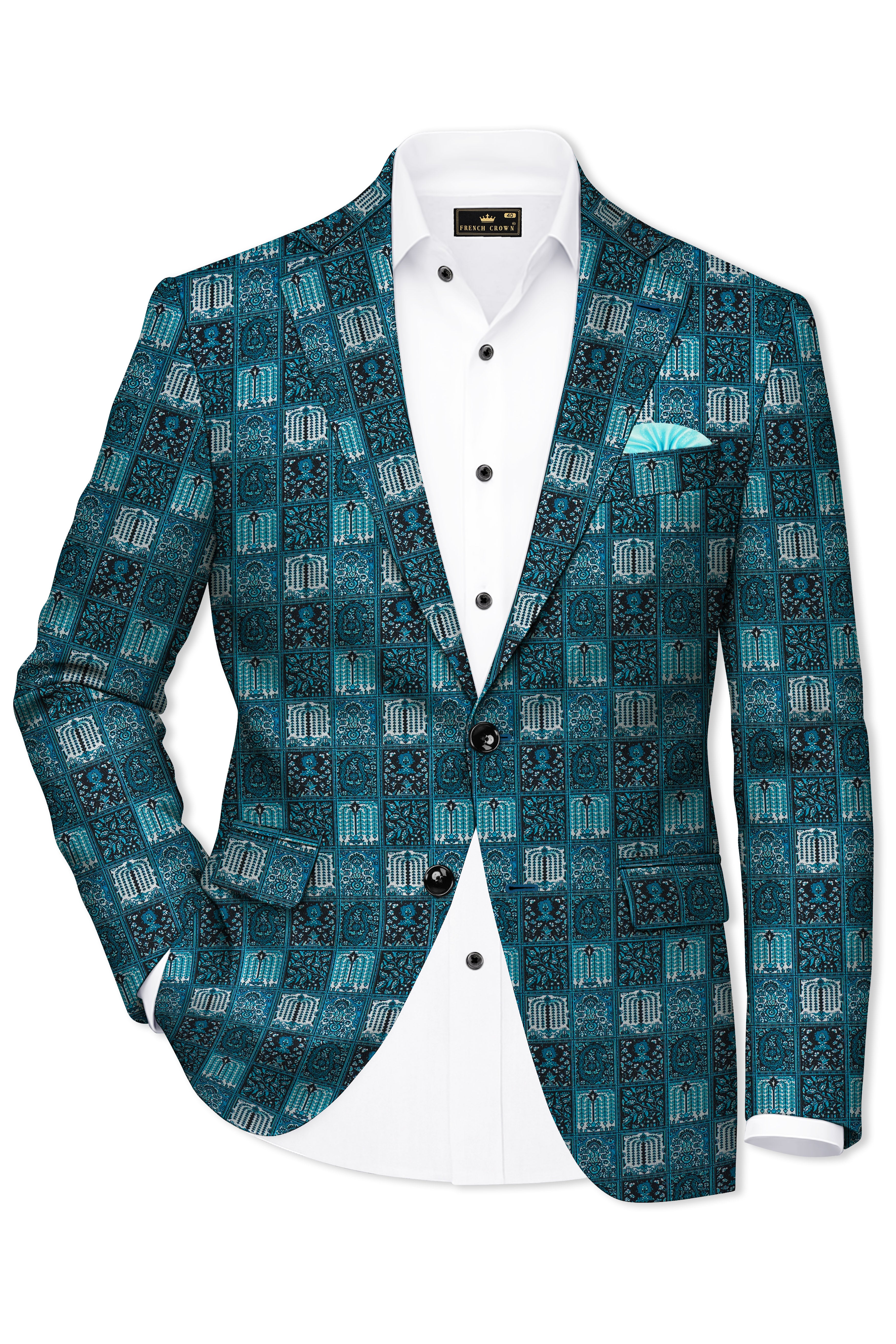 Zenith-Astronaut Blue Geometric Mosaic Printed Wool Rich Single Breasted Suit