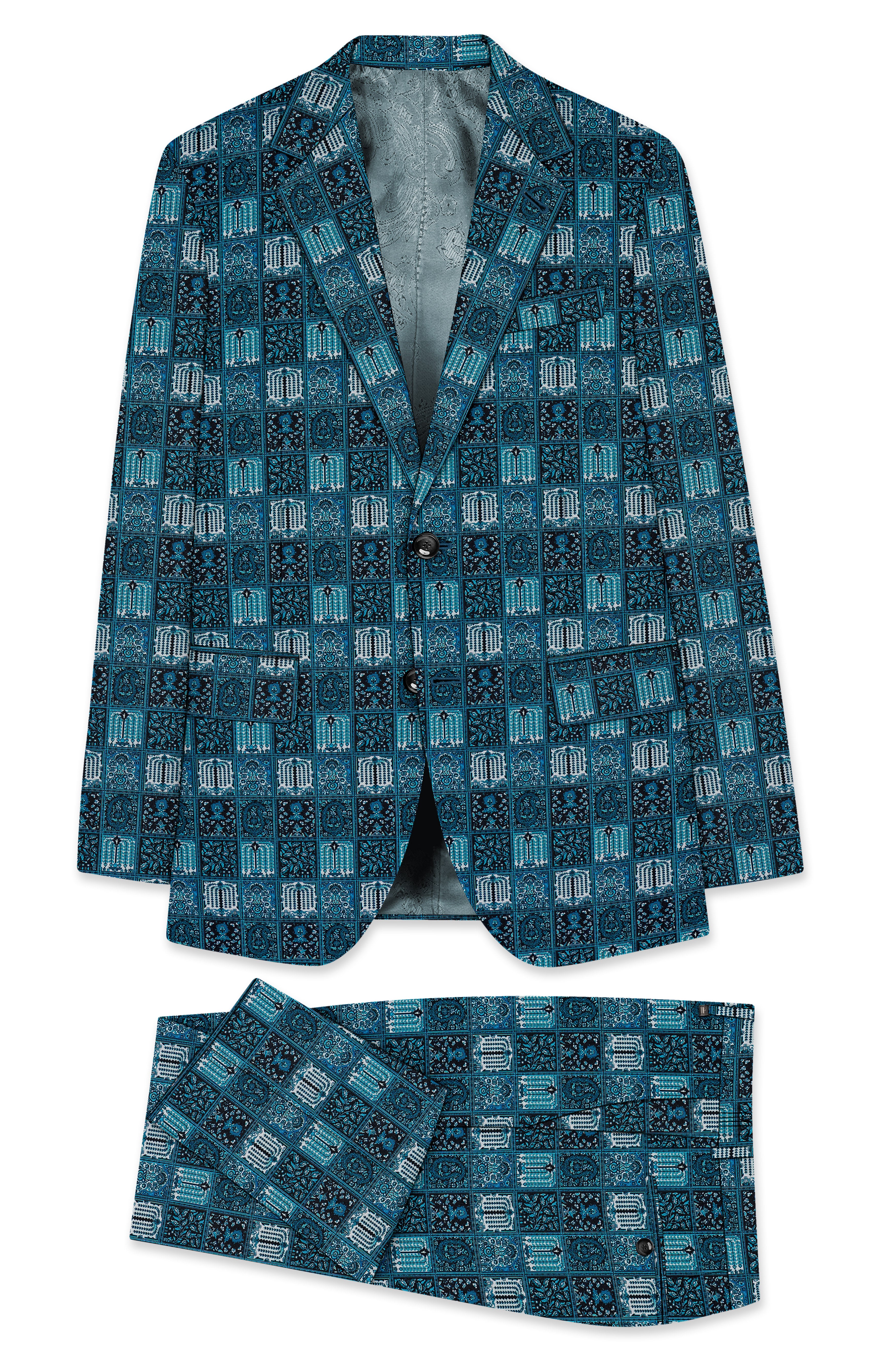 Zenith-Astronaut Blue Geometric Mosaic Printed Wool Rich Single Breasted Suit
