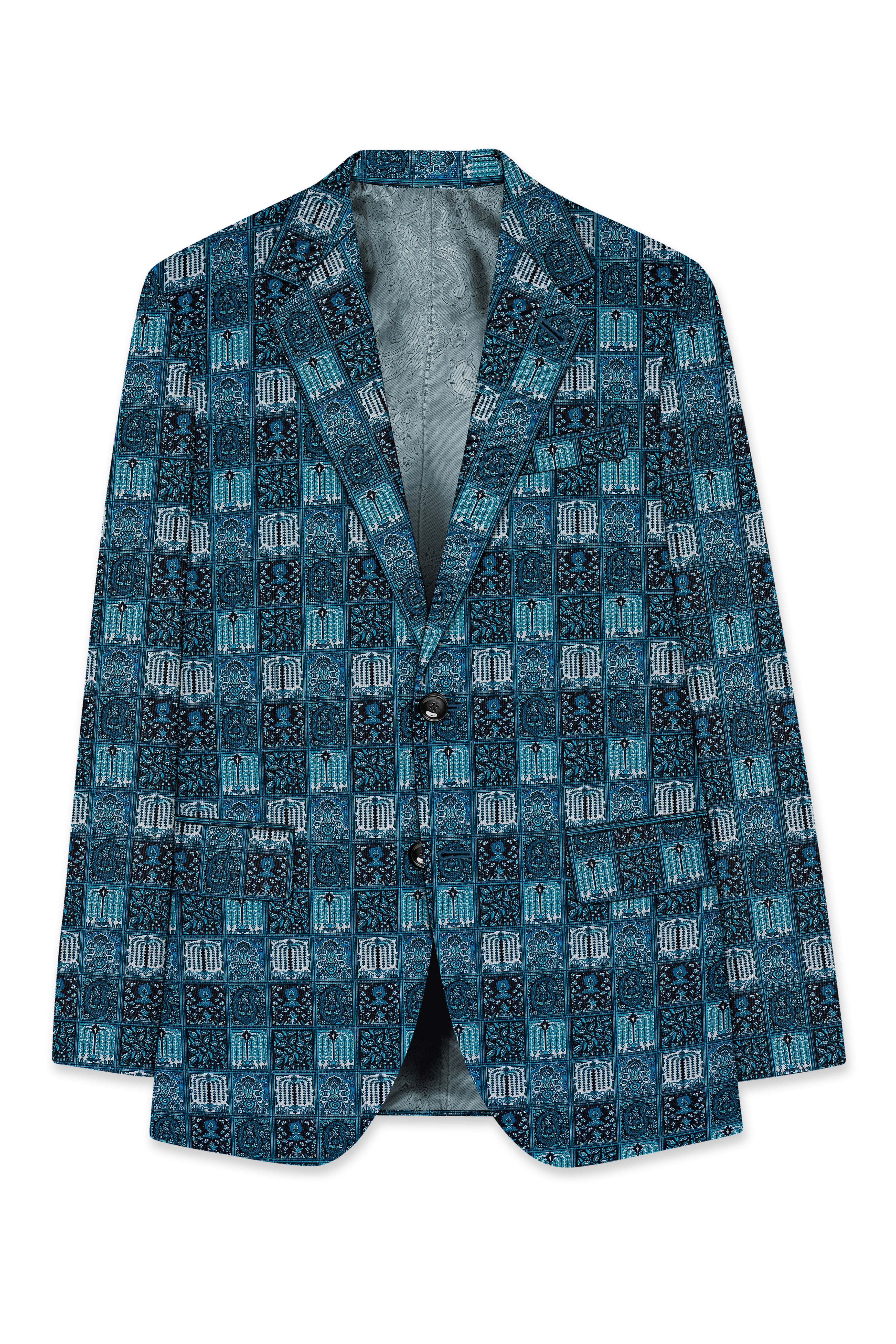 Zenith-Astronaut Blue Geometric Mosaic Printed Wool Rich Single Breasted Suit