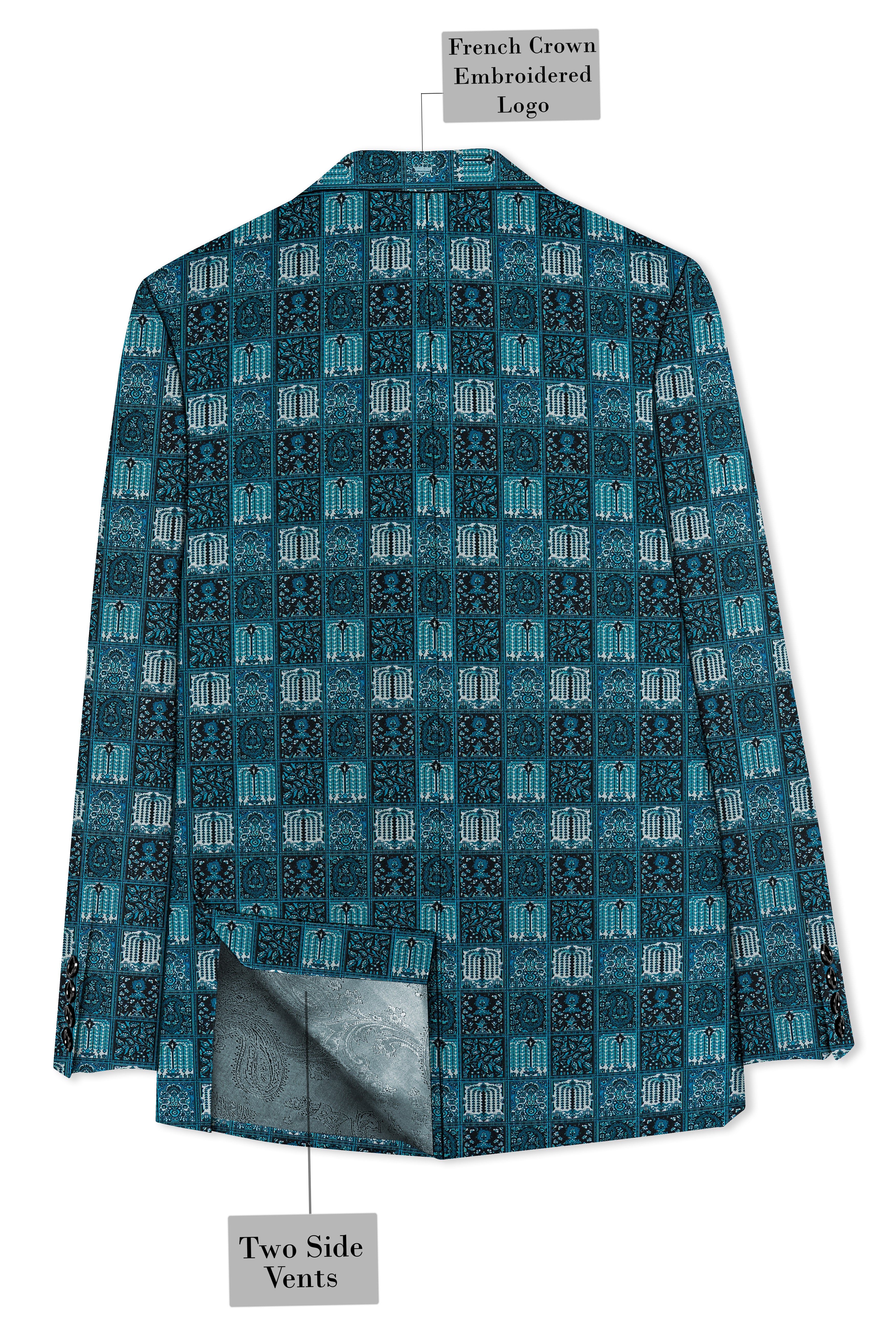 Zenith-Astronaut Blue Geometric Mosaic Printed Wool Rich Single Breasted Suit