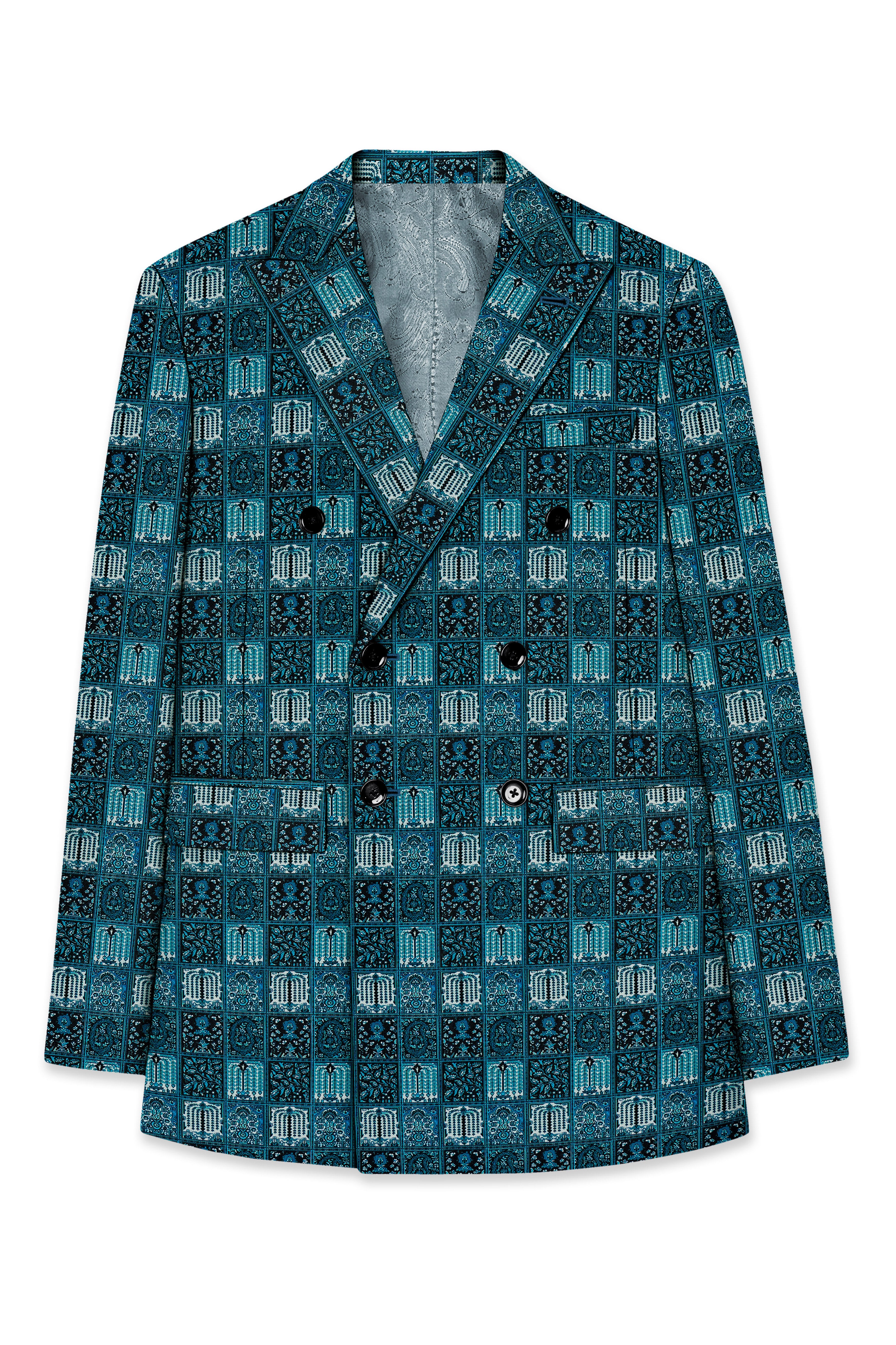 Zenith-Astronaut Blue Geometric Mosaic Printed Wool Rich Double Breasted Suit