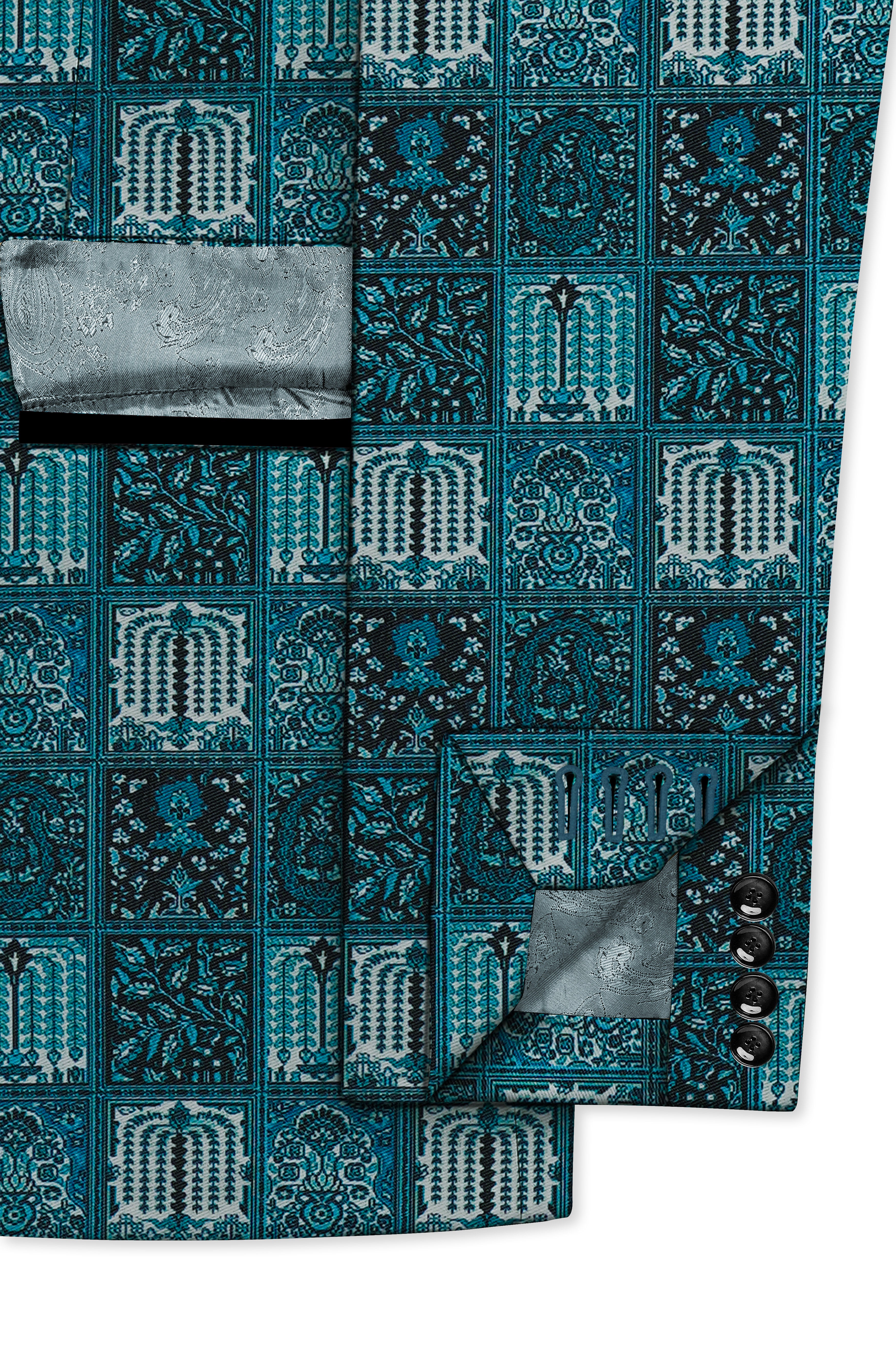 Zenith-Astronaut Blue Geometric Mosaic Printed Wool Rich Peak Lapel Tuxedo Suit