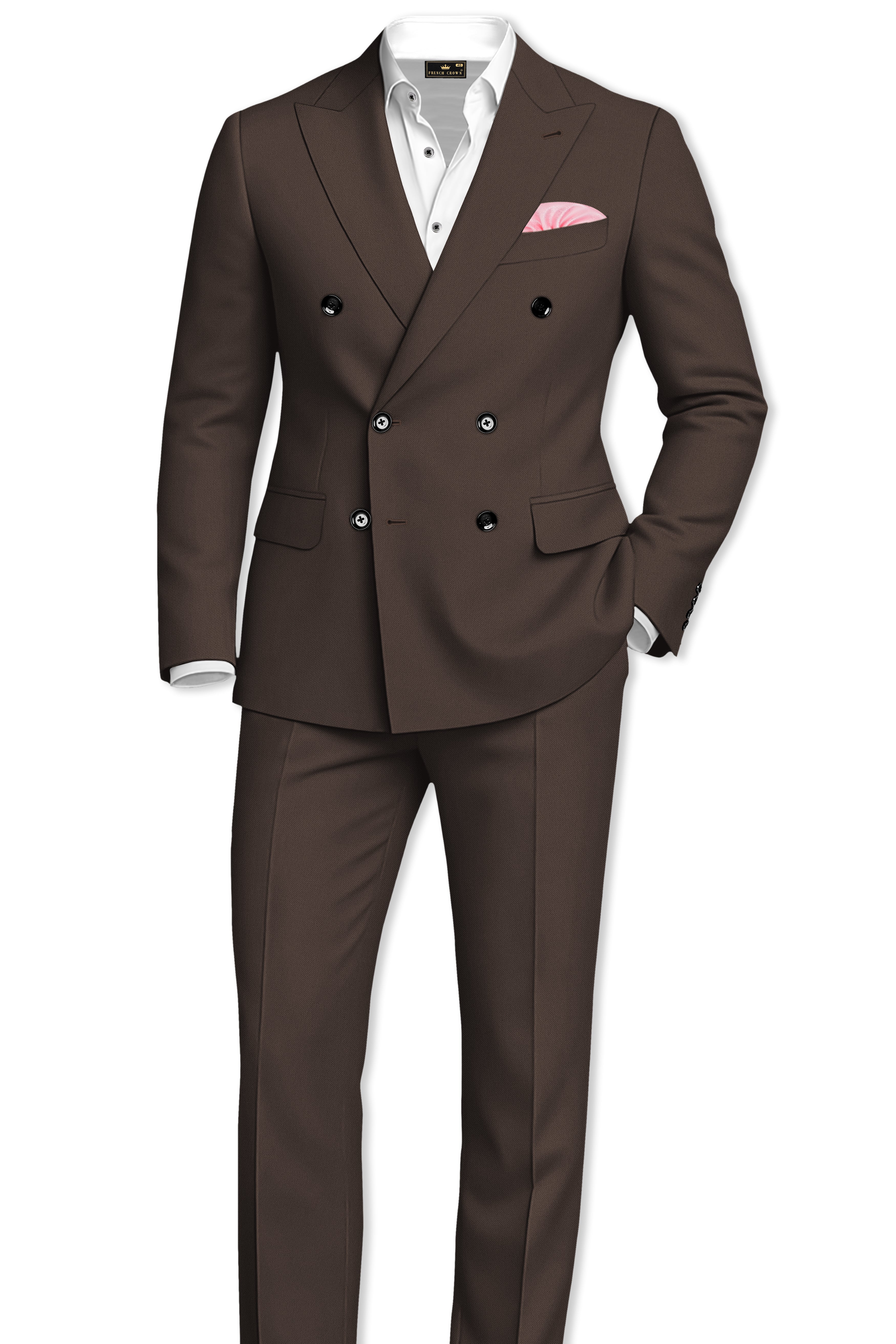 Serein-Korean Taupe Brown 4-Way Stretch Wrinkle-Free Wool Rich Double Breasted Suit