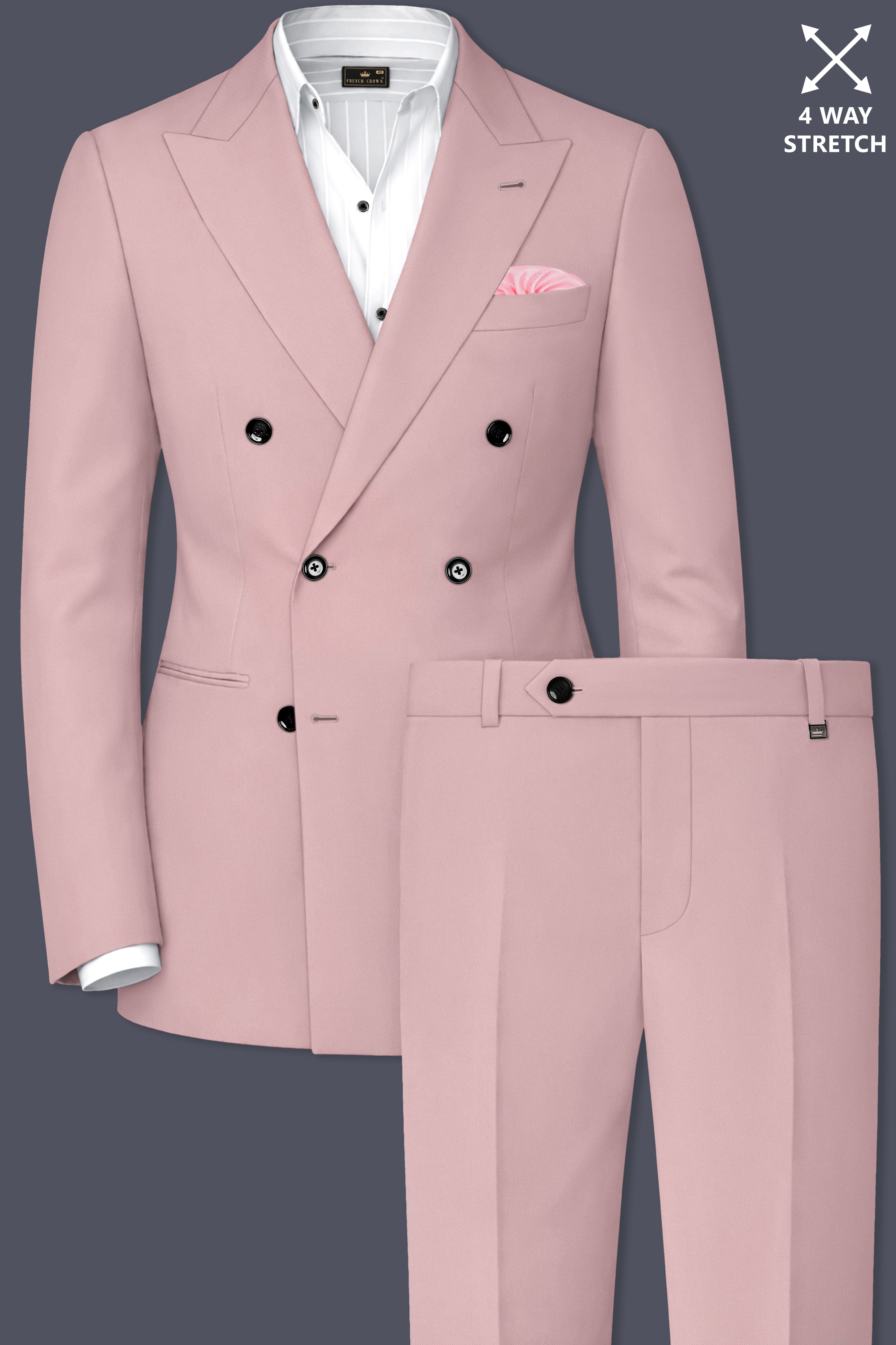 Solenne-Korean Pharlap Peach 4-Way Stretch Wrinkle-Free Wool Rich Double Breasted Suit