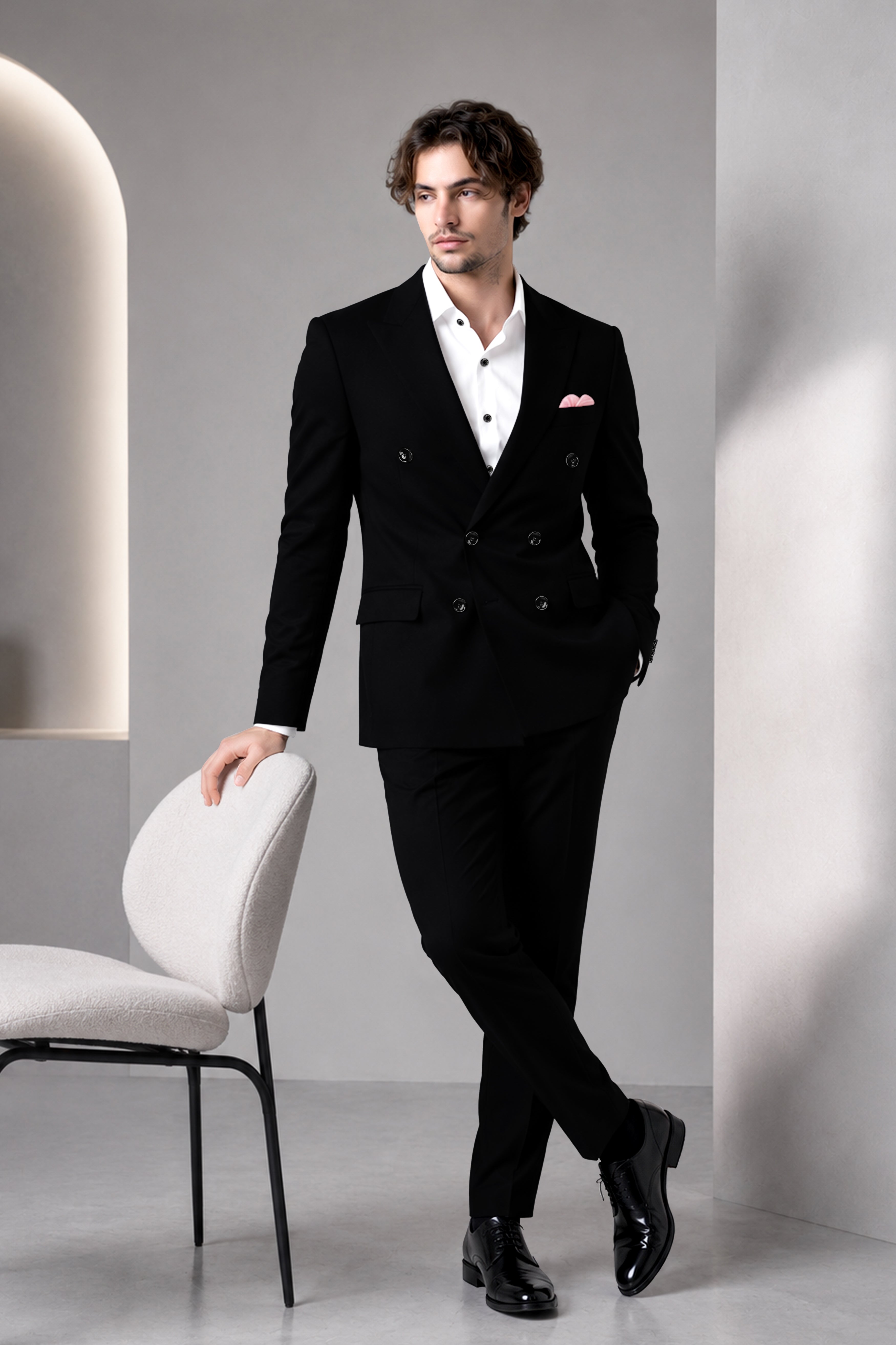 Noir-Jade Black Wool Rich Slight Stretch Double Breasted Suit