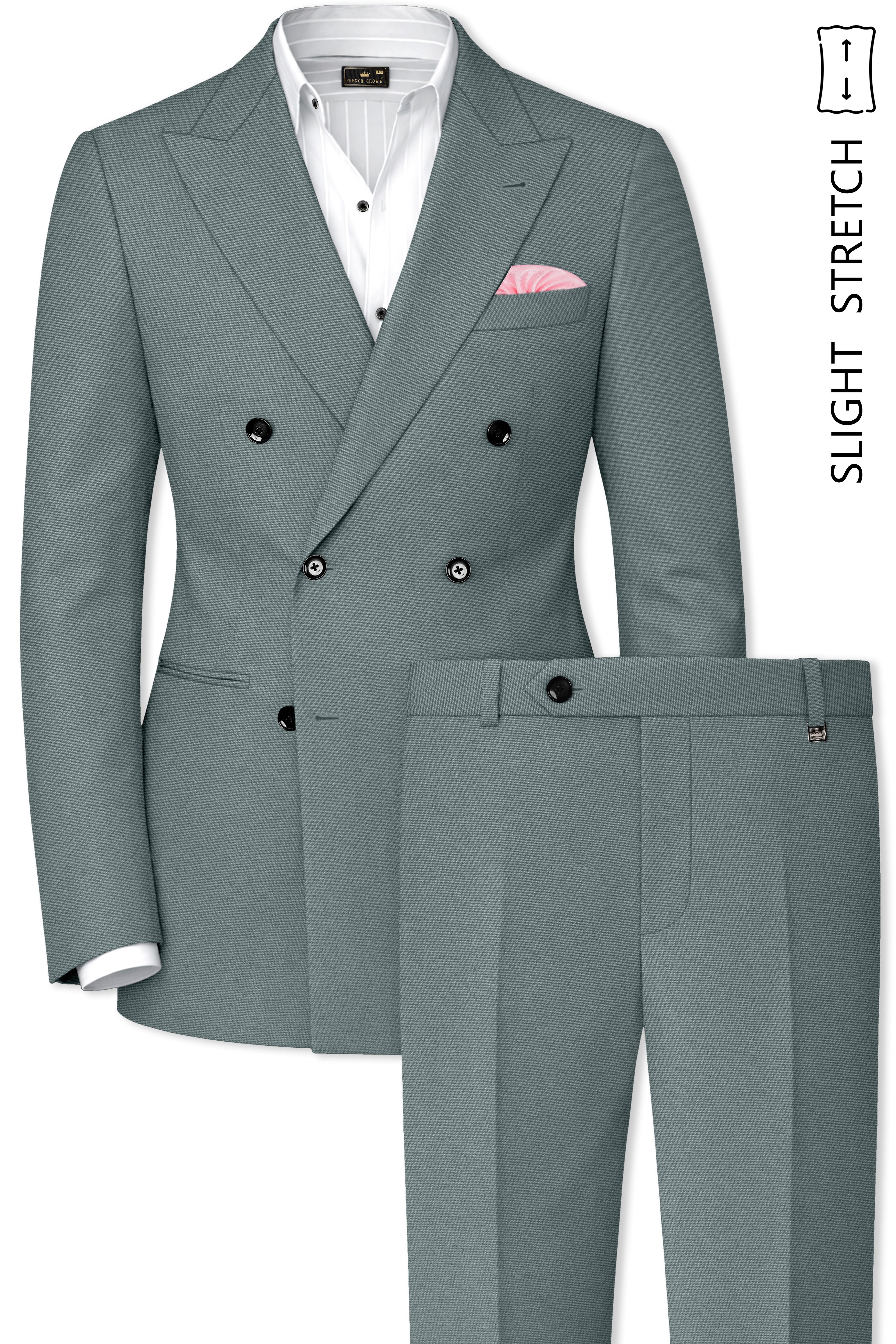 Verdant-Raven Green Wool Rich Slight Stretch Double Breasted Suit
