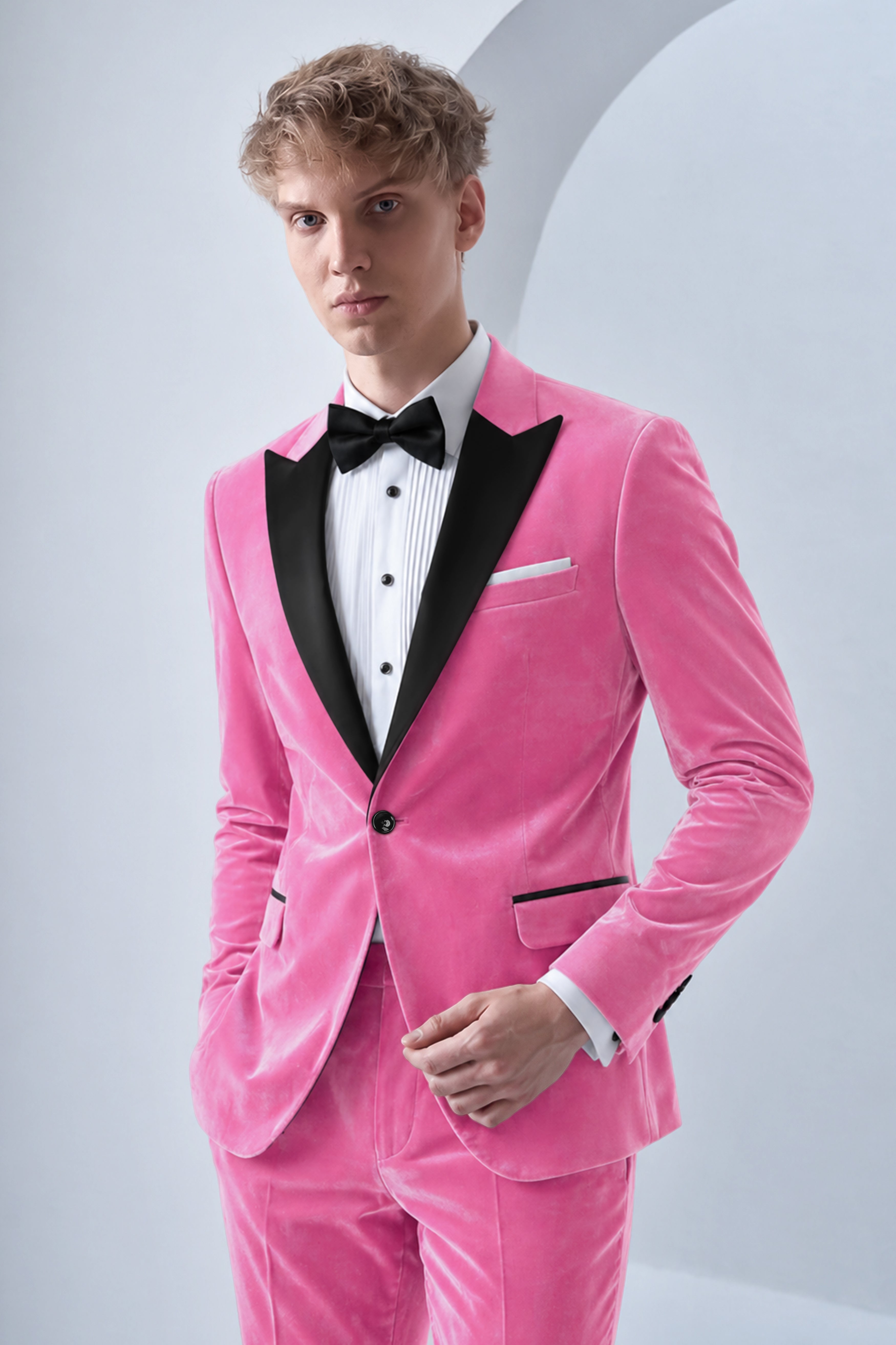 Veloura-Carissma Pink Velvet Peak Lapel Tuxedo Suit