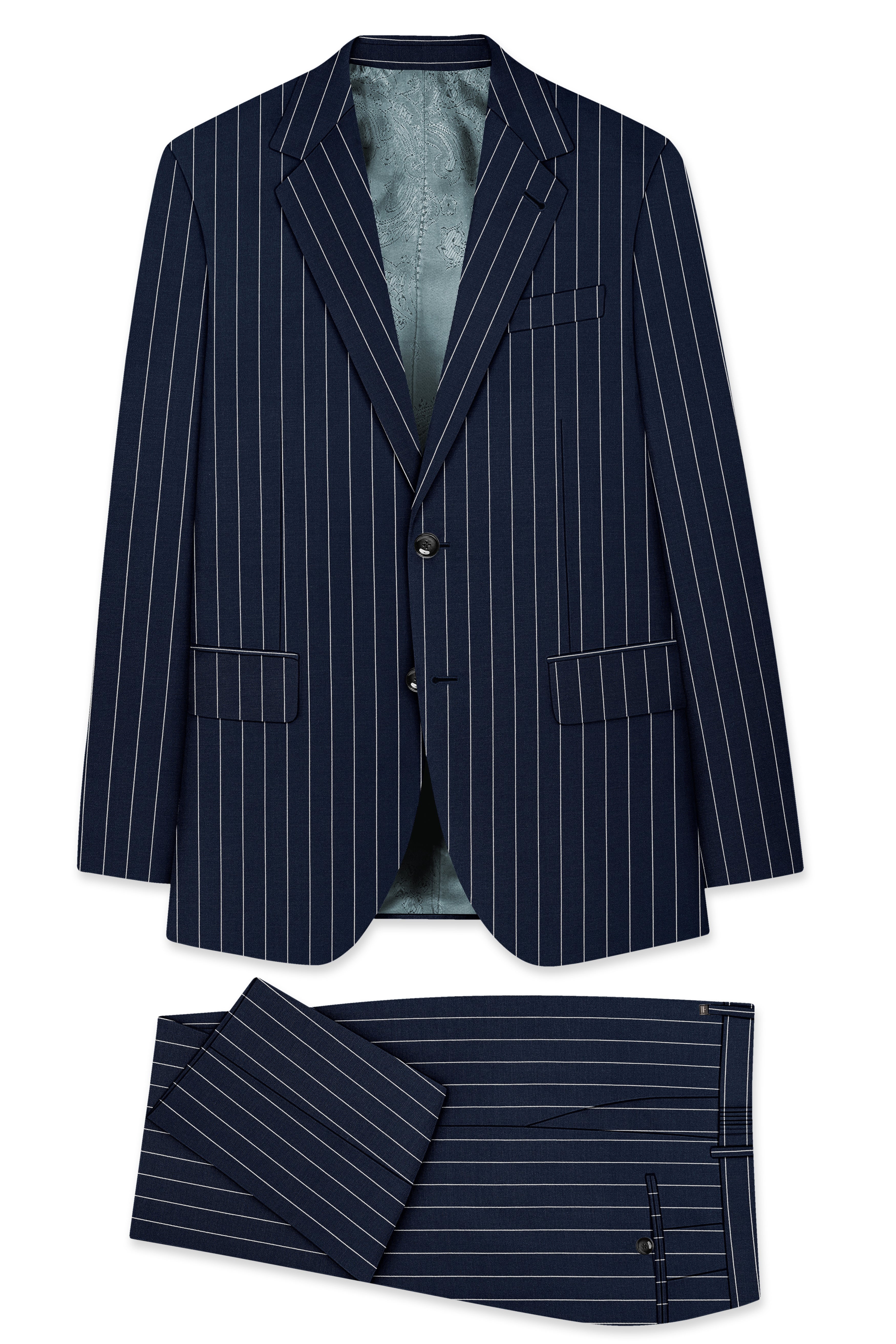 Azureon-Firefly Blue And Bright White Chalk Striped Wool Rich Slight Stretch Single Breasted Suit