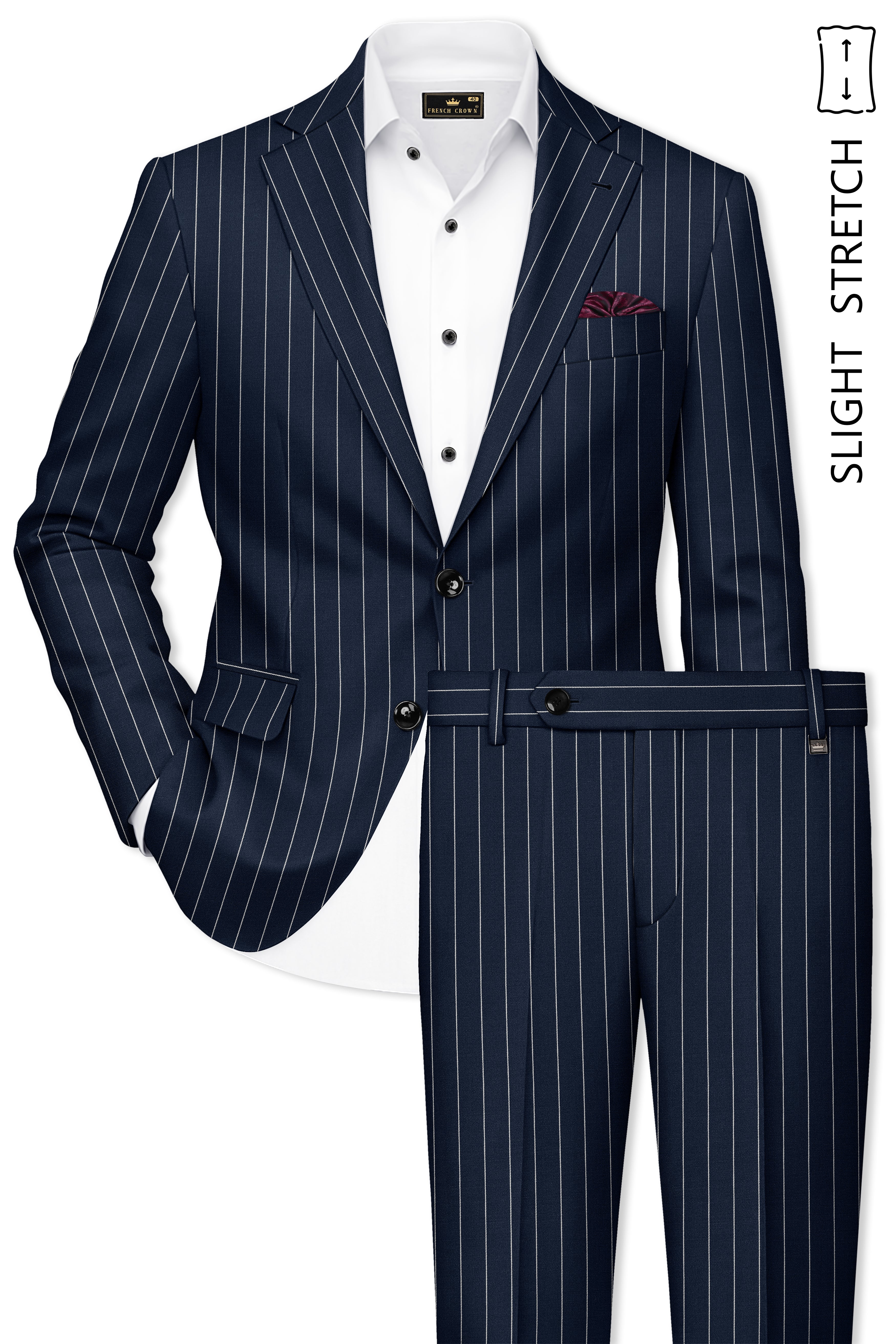 Azureon-Firefly Blue And Bright White Chalk Striped Wool Rich Slight Stretch Single Breasted Suit