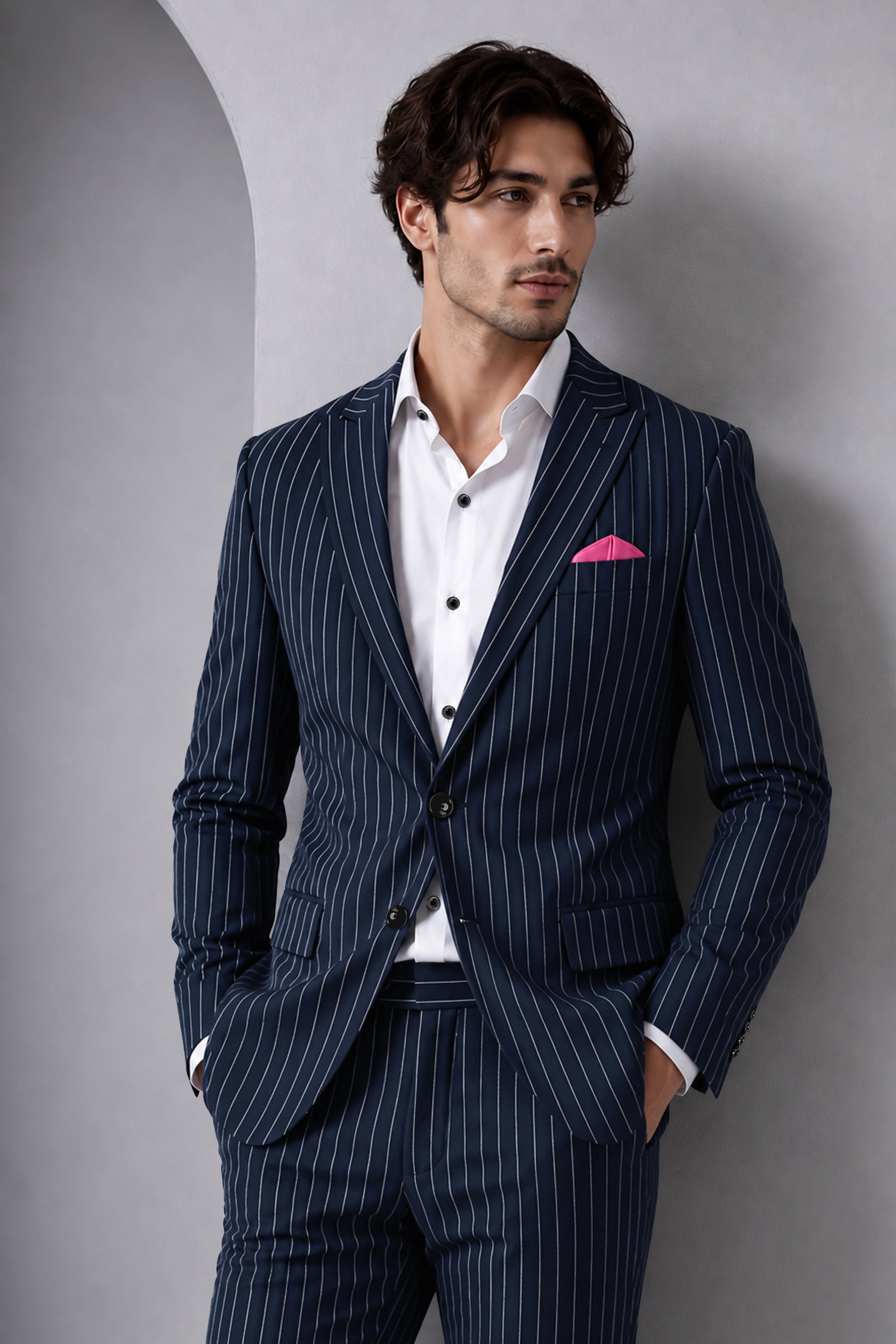 Azureon-Firefly Blue And Bright White Chalk Striped Wool Rich Slight Stretch Single Breasted Suit
