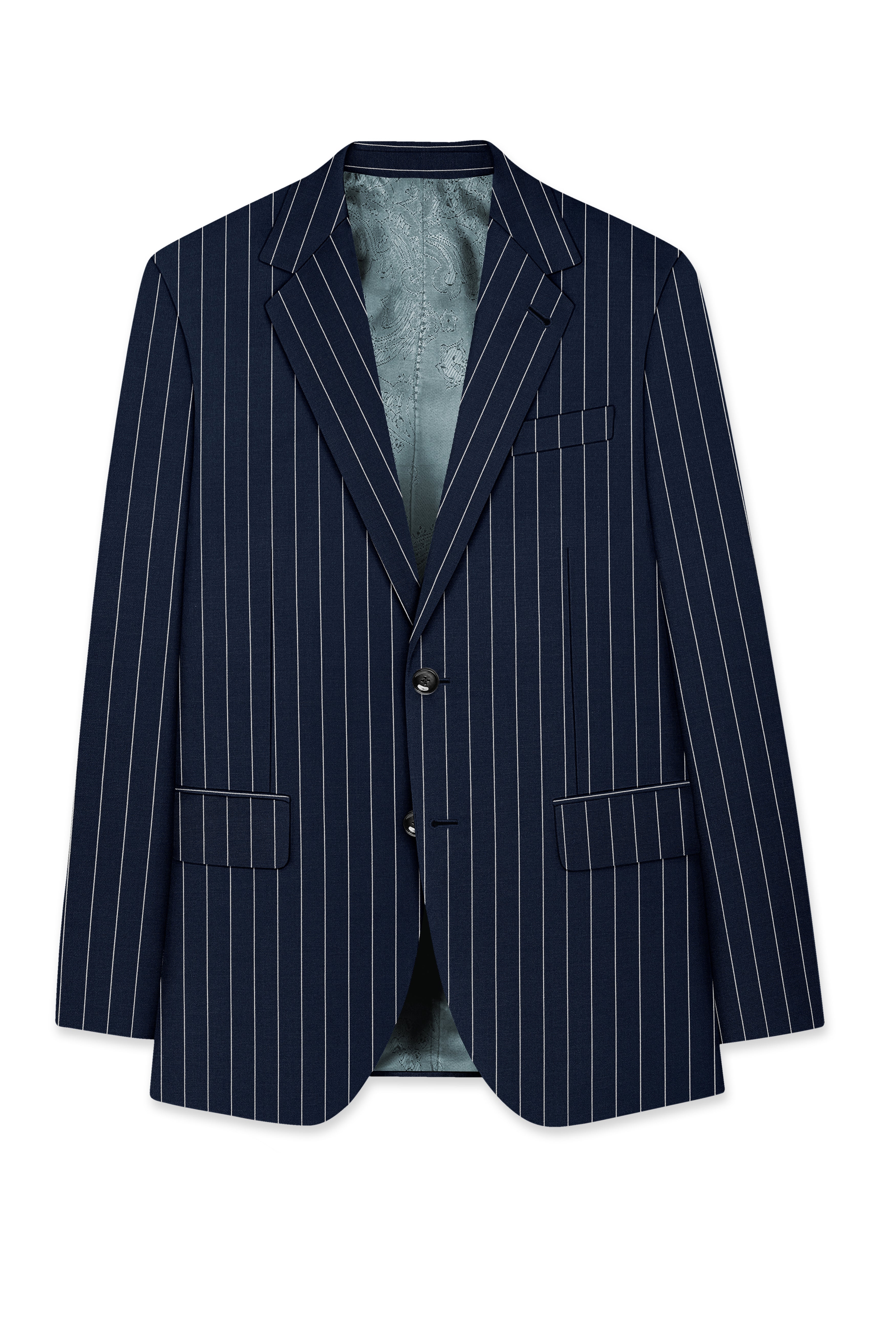 Azureon-Firefly Blue And Bright White Chalk Striped Wool Rich Slight Stretch Single Breasted Suit