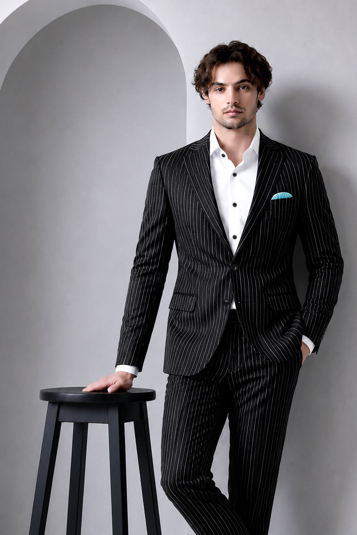 Viceroy-Jade Black And Bright White Chalk Striped Wool Rich Slight Stretch Single Breasted Suit