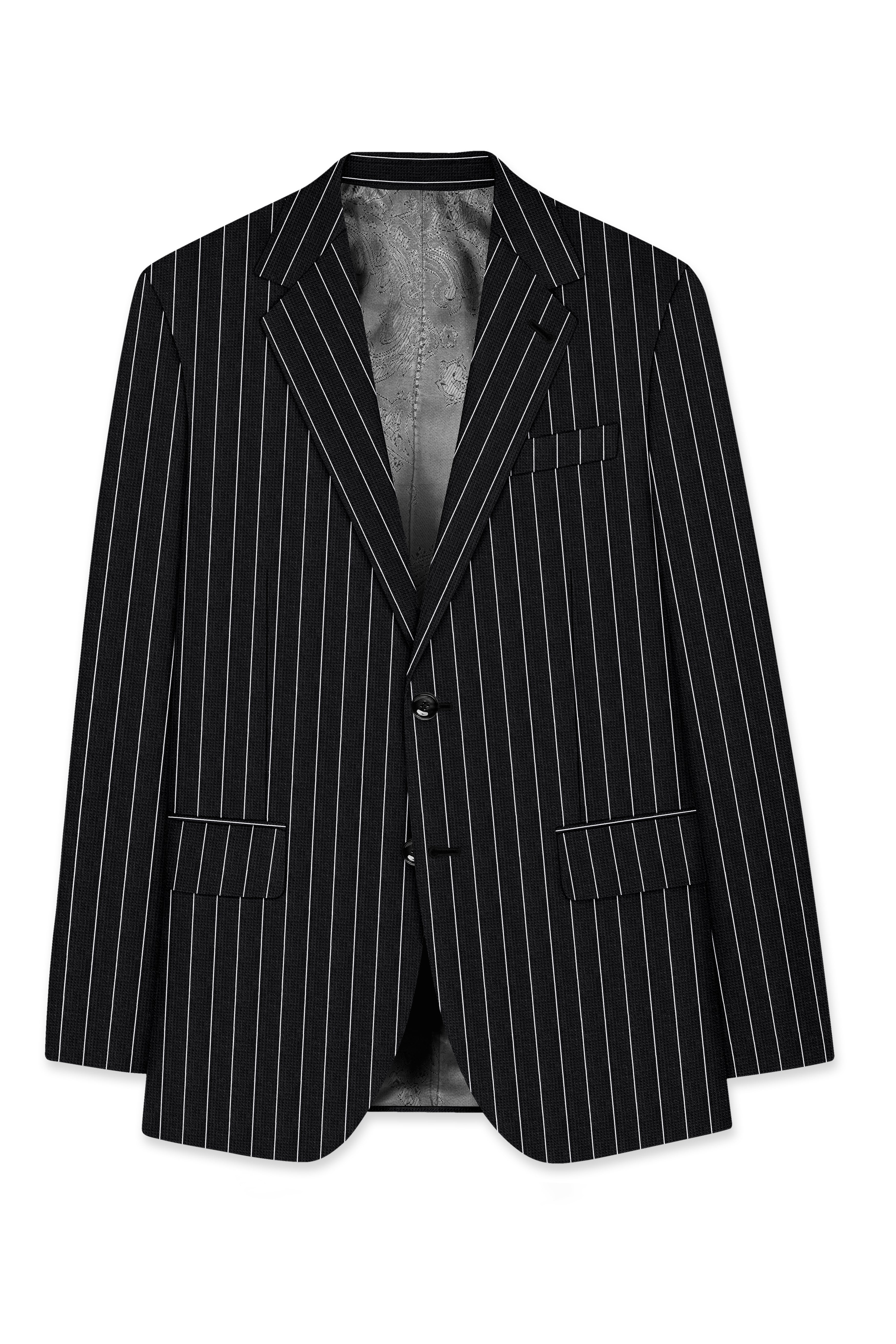 Viceroy-Jade Black And Bright White Chalk Striped Wool Rich Slight Stretch Single Breasted Suit