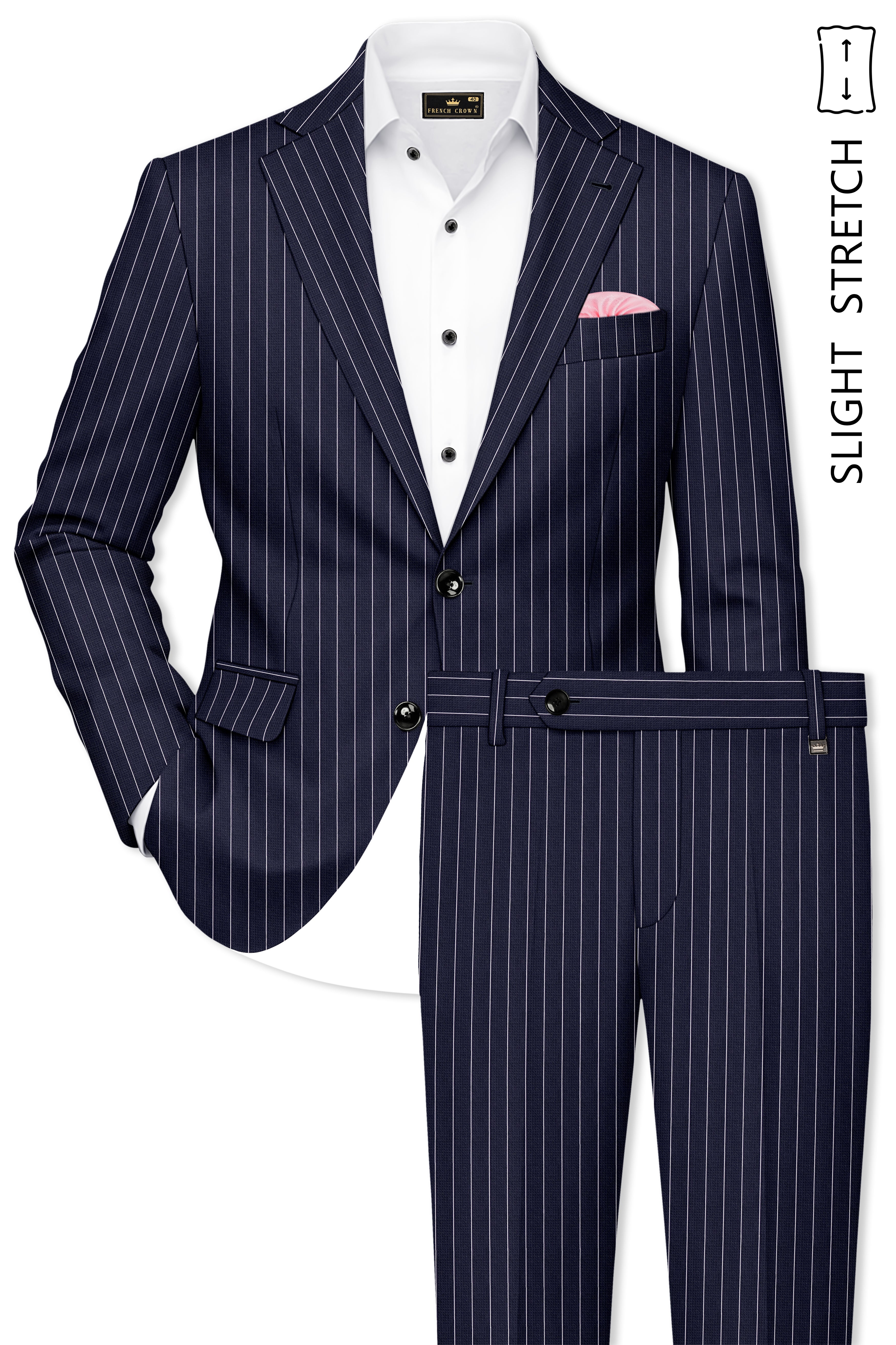 Regent-Ebony Blue And Bright White Chalk Striped Wool Rich Slight Stretch Single Breasted Suit